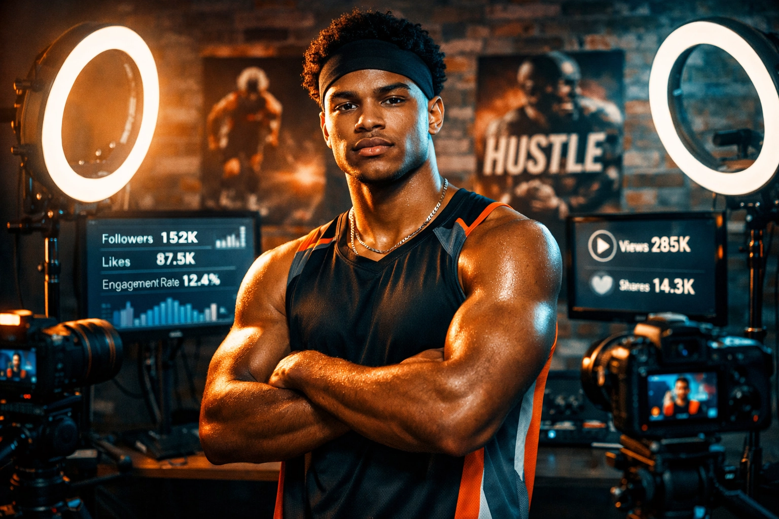 Athlete creating NIL content in professional studio with cameras and analytics monitors