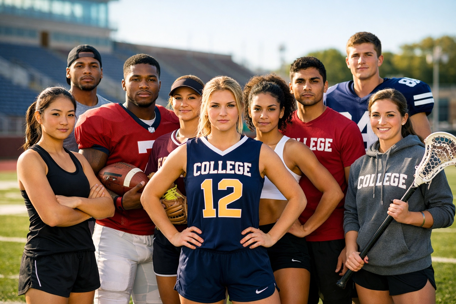 Diverse college student-athletes on a football field representing authentic NIL voices for Super Bowl ads.