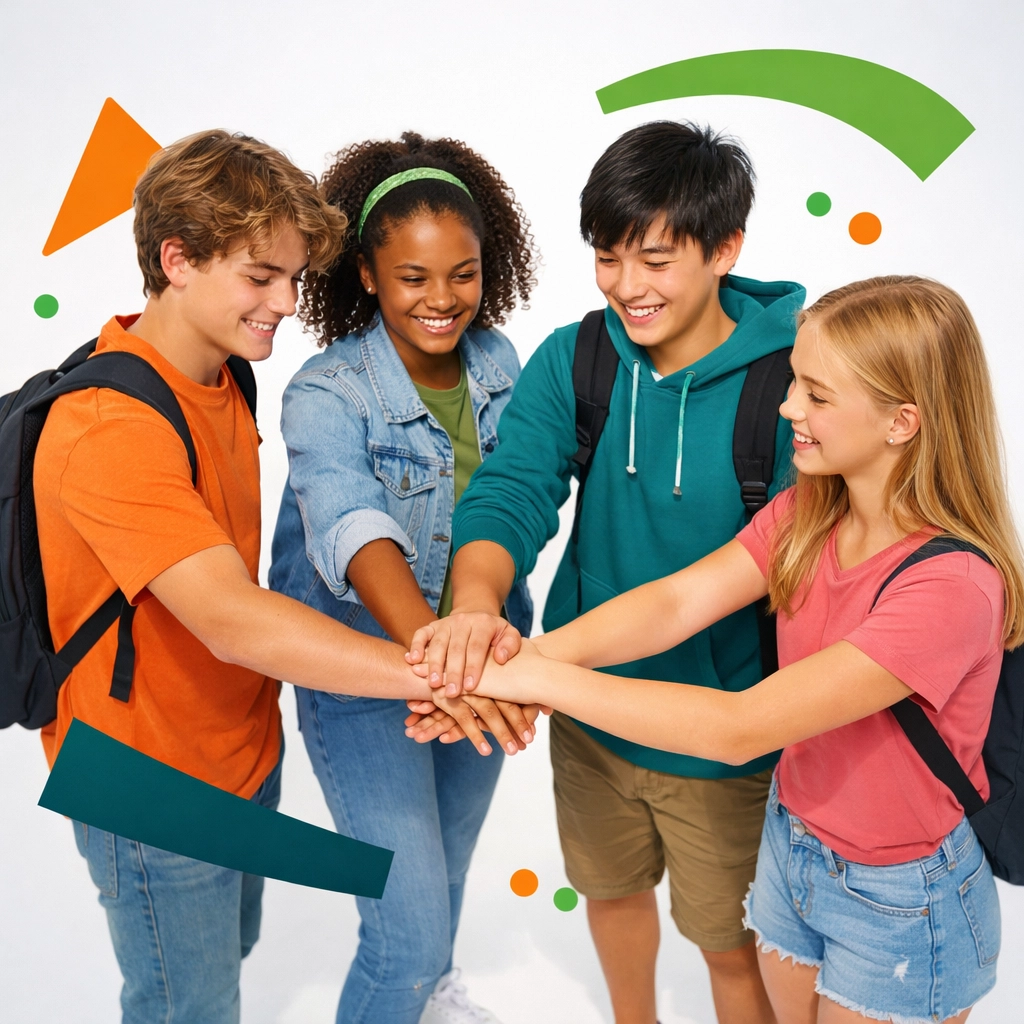 Teenagers in leadership team huddle demonstrating collaboration and life skills for teens