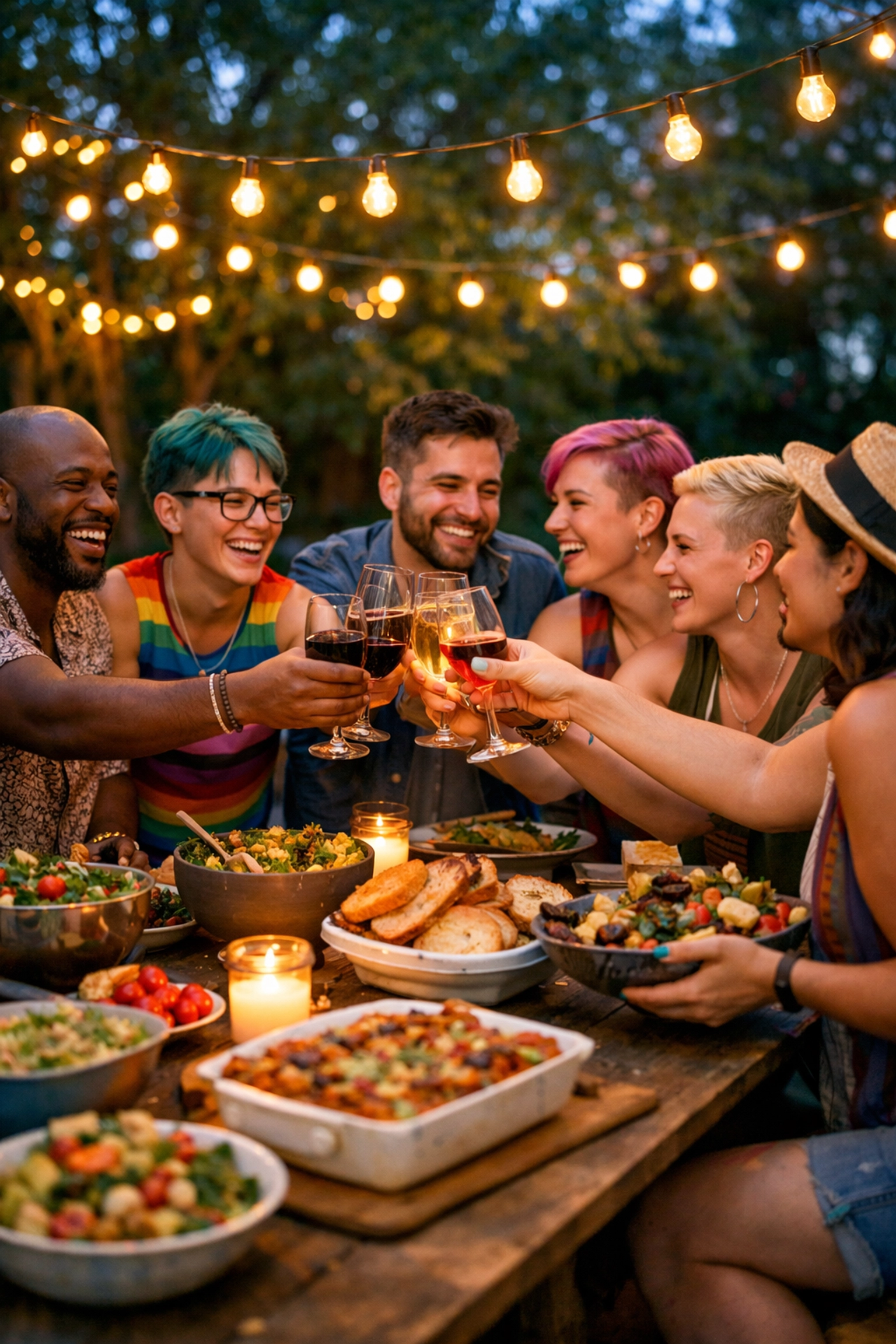 A diverse group of queer friends sharing a meal outdoors, celebrating the found family MM romance trope.
