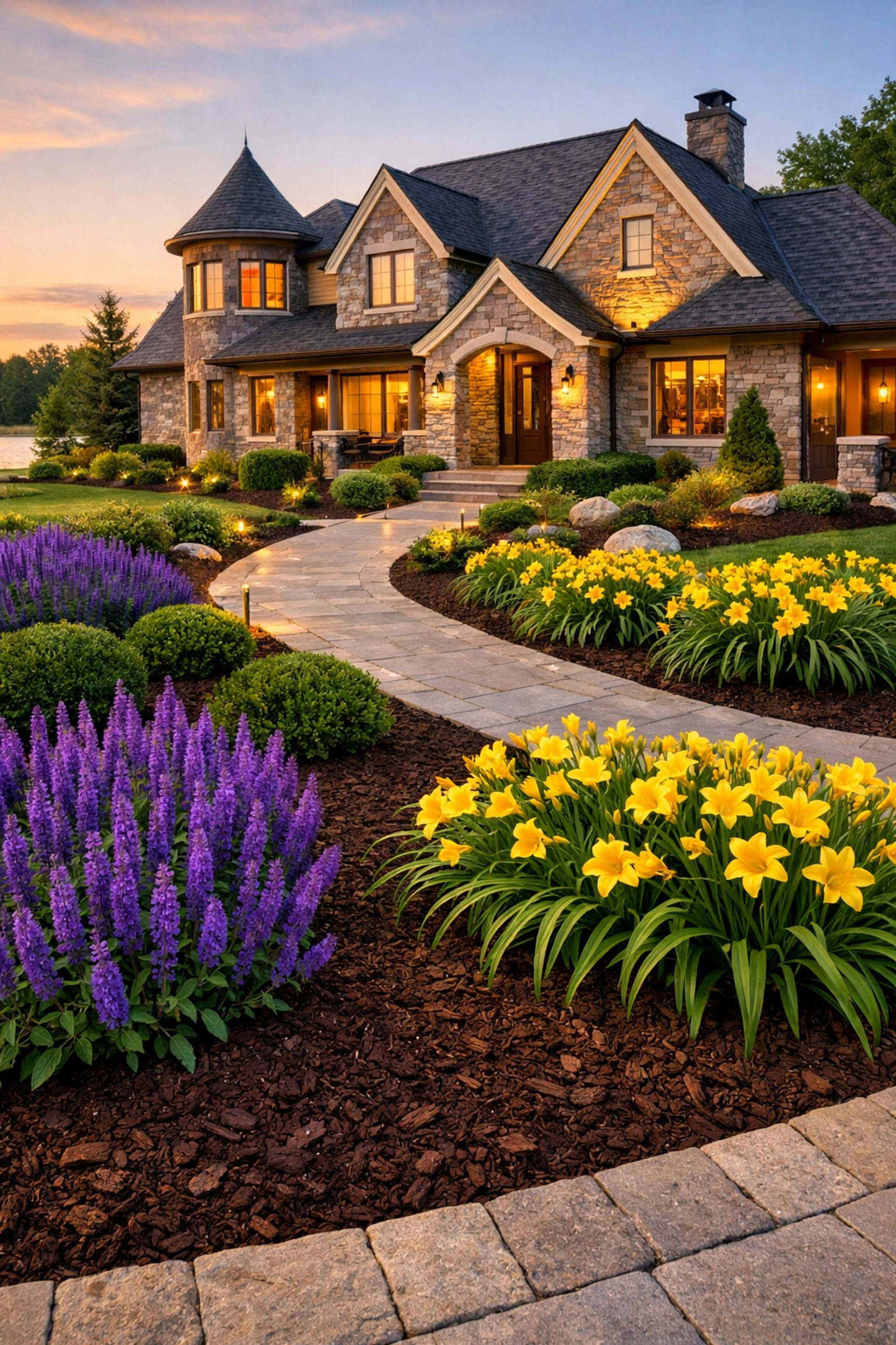 Fresh dark brown mulch enhancing curb appeal and plant color on a professionally landscaped property.
