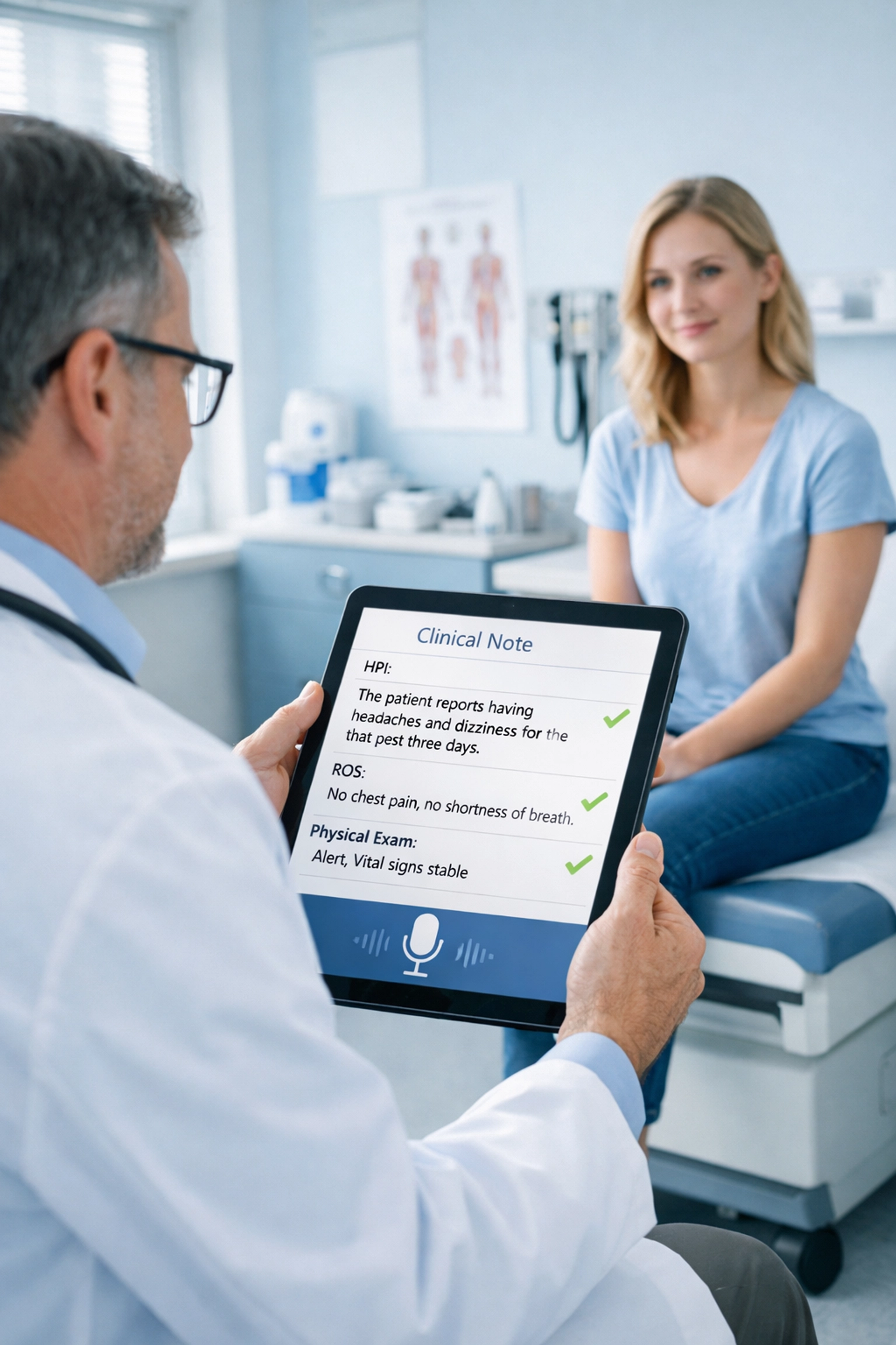 Physician using real-time clinical decision support tablet during patient visit with compliance validation
