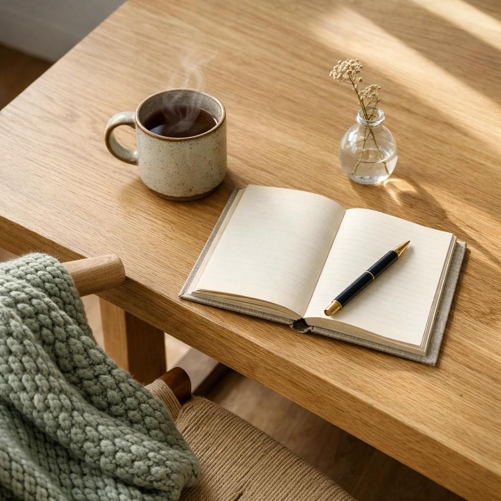 Calm kitchen setting with a journal and baby blanket, symbolizing postpartum support planning.