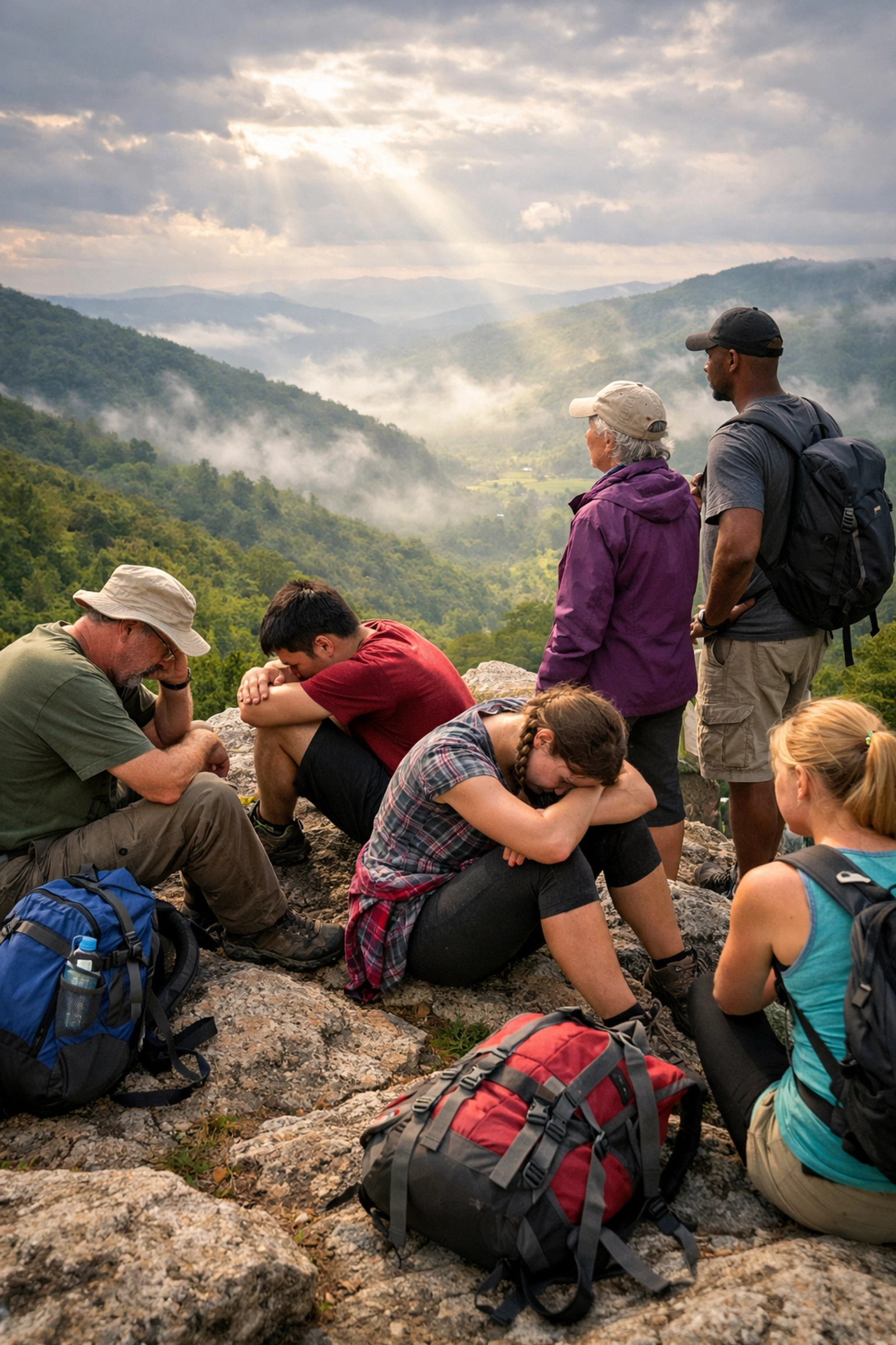 Group of hikers resting during guided hiking tour UK in mountain terrain