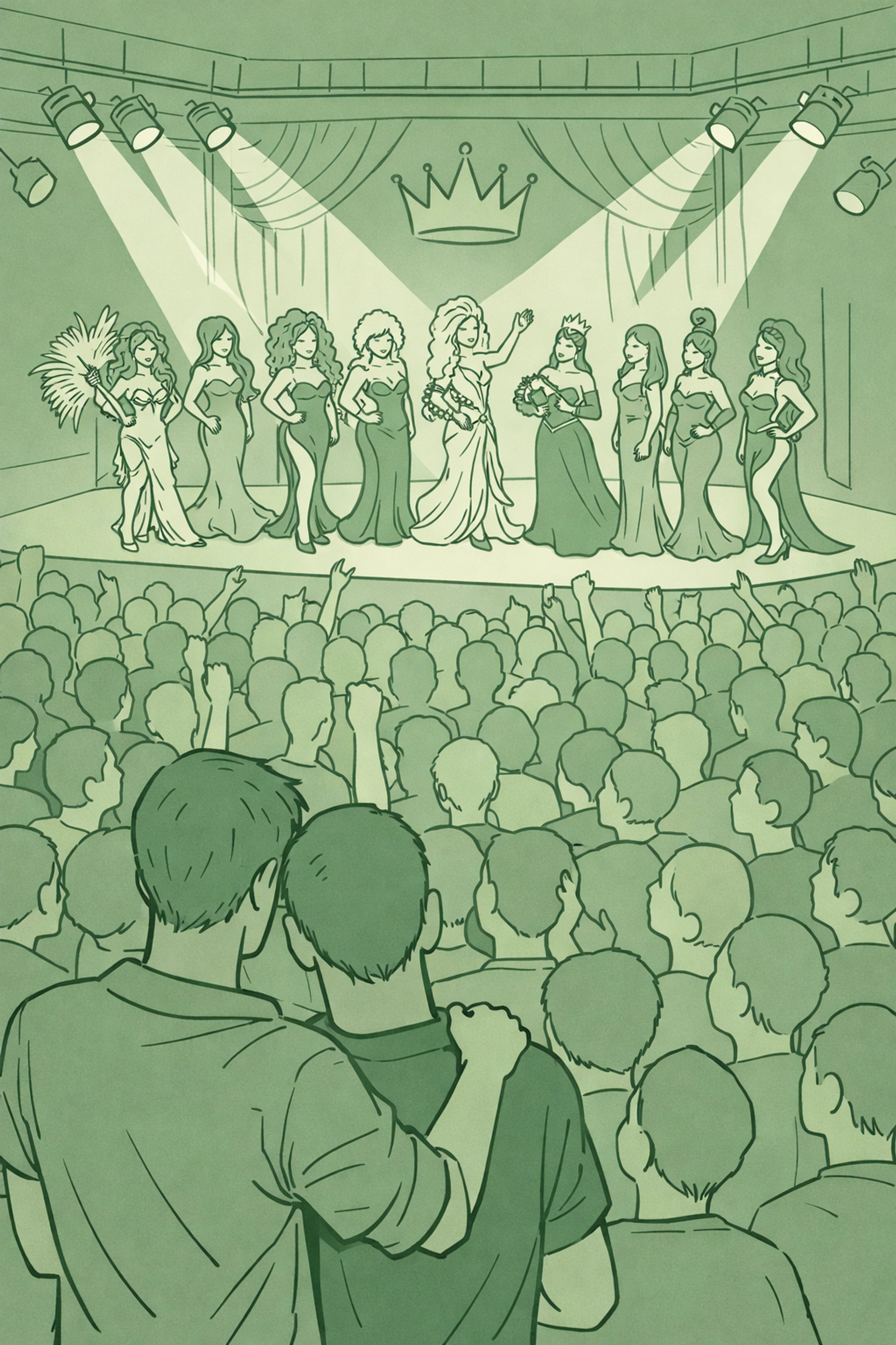 Miss Trannyshack pageant with diverse drag performers on stage at packed San Francisco venue