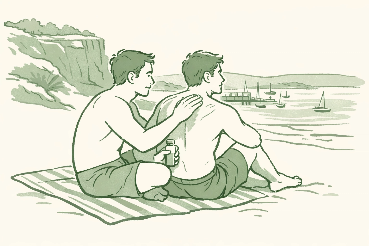 Gay men applying sunscreen protection at Australian nudist beach under intense summer heat