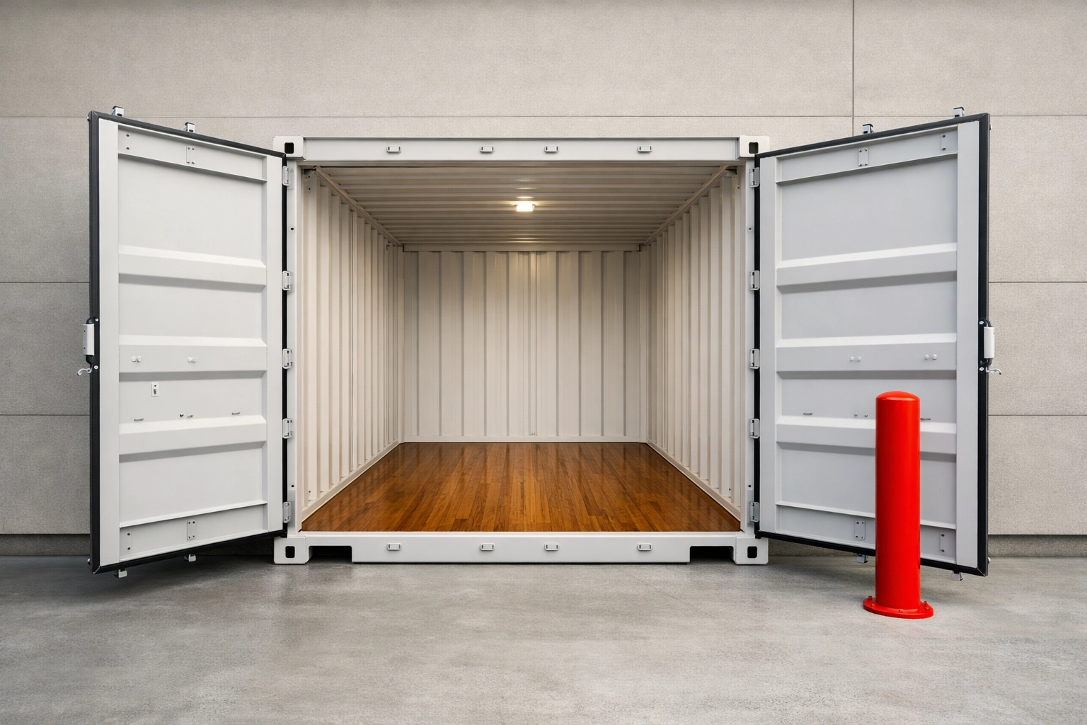 Clean 20ft storage unit with hardwood flooring at a professional Hertford storage facility.