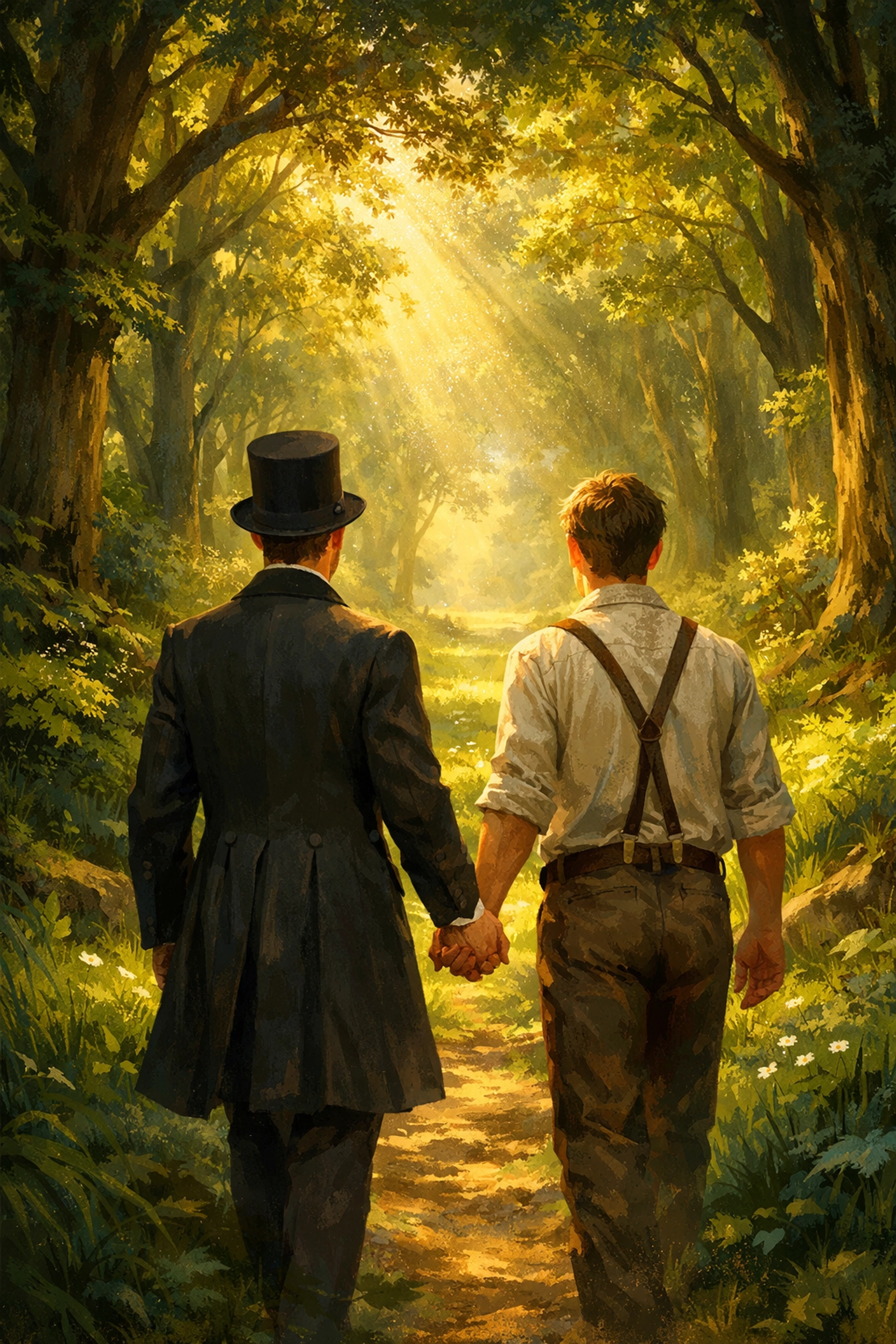 Two men walking into forest together depicting Maurice's revolutionary happy ending for gay love