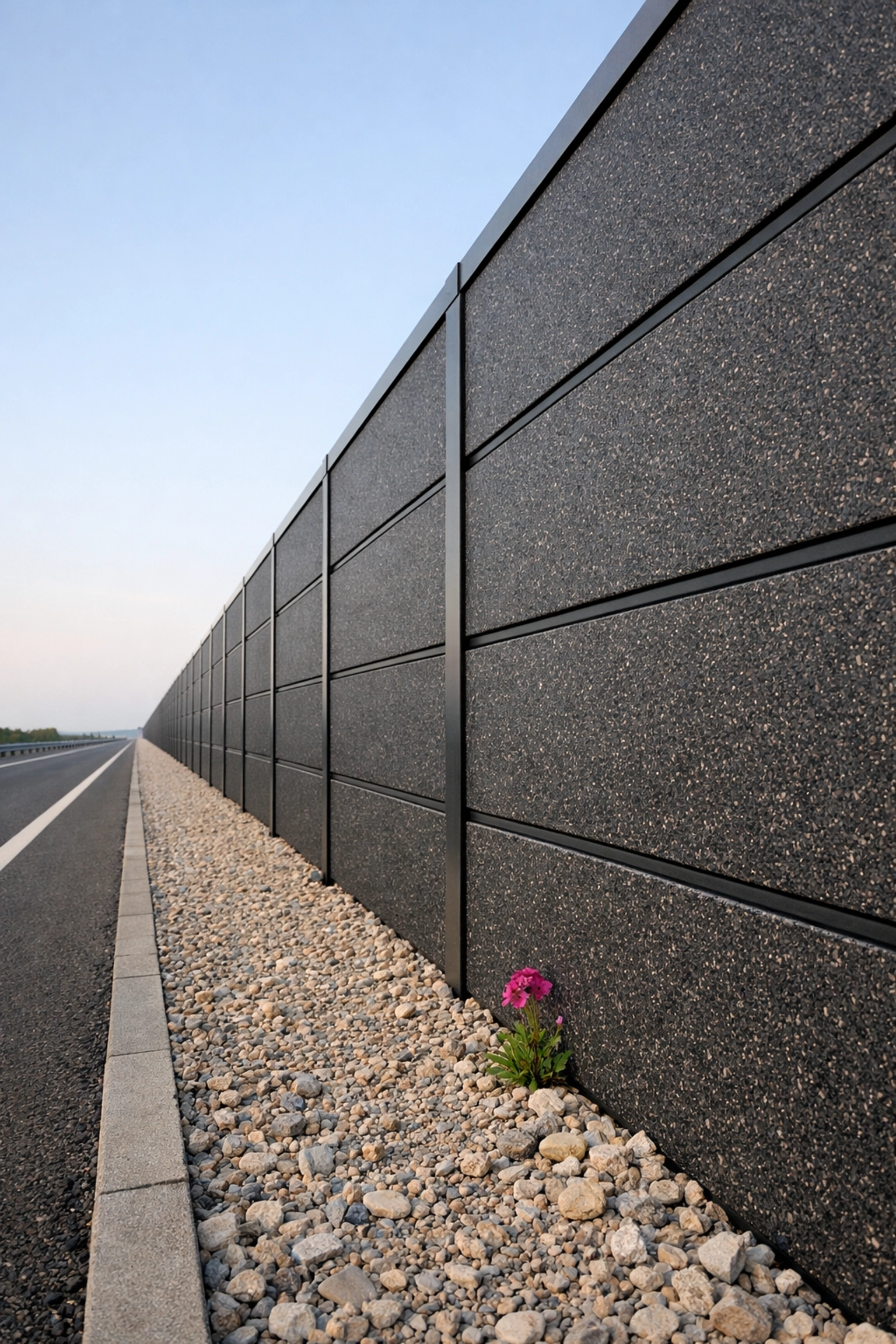 Modern highway noise barrier made from durable grey recycled plastic panels for Australian infrastructure.