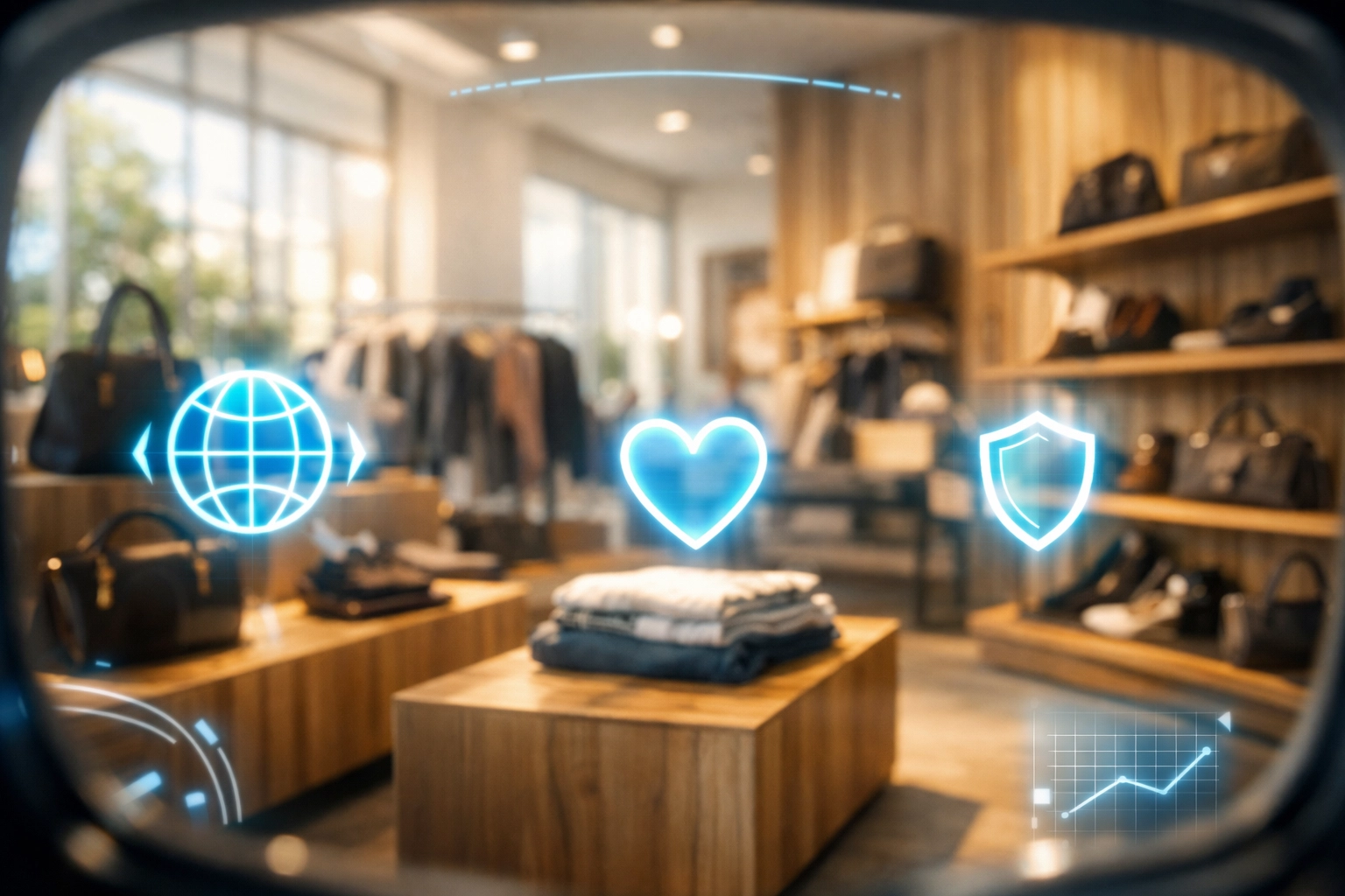 AI-driven retail shopping experience with AR overlays showing social impact and ethical payment routing.