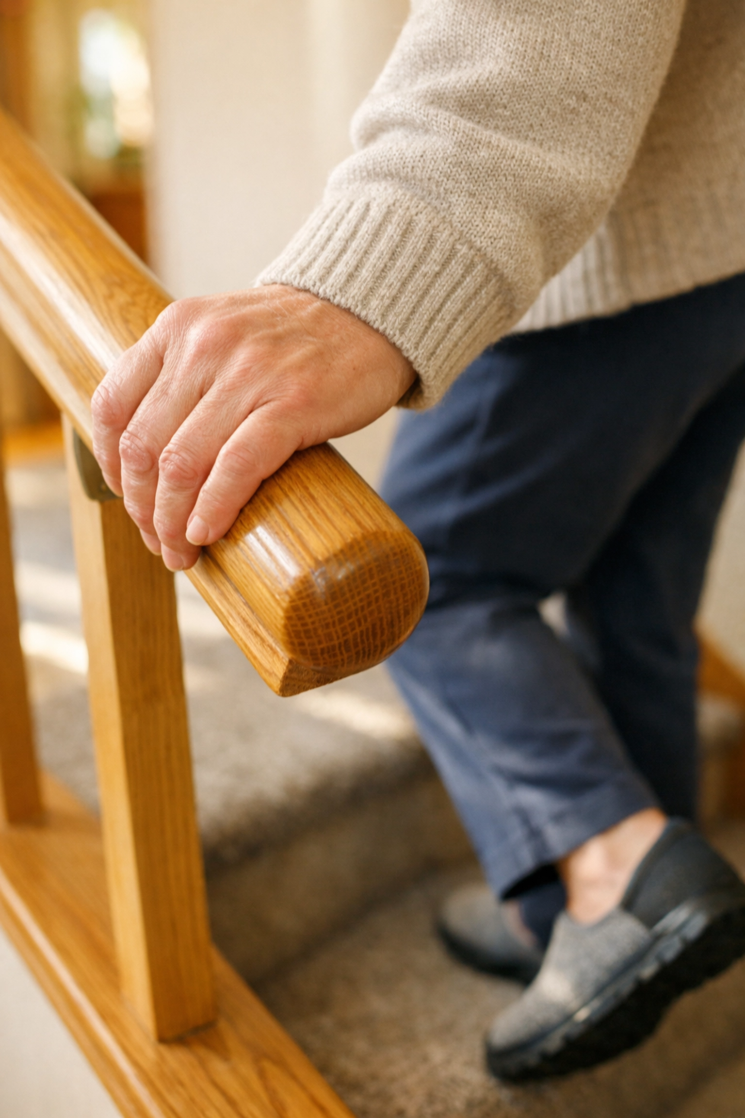 Close-up of a person gripping a sturdy wooden handrail for balance and stair safety at home.