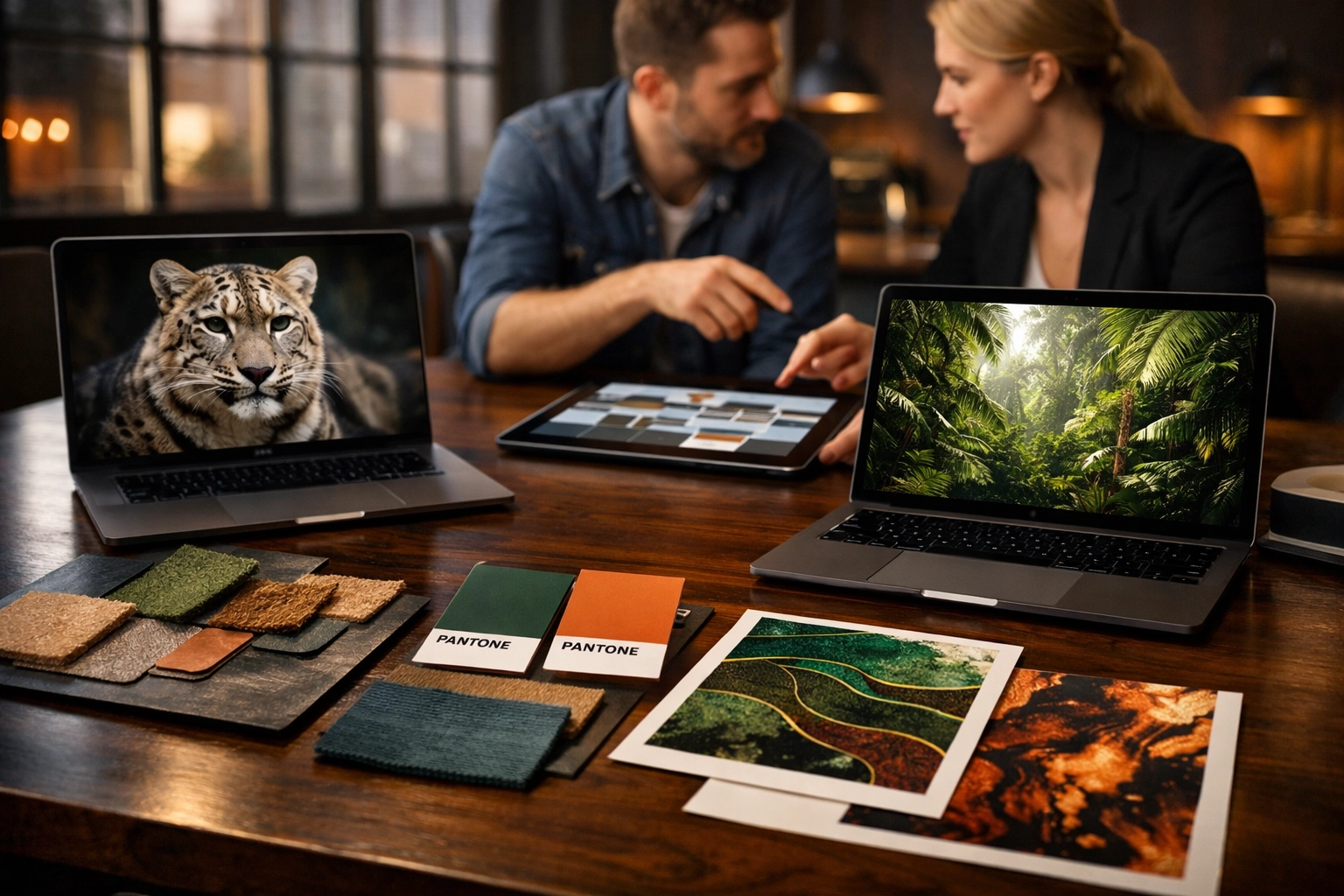 Creative services team at a branding agency designing a modern corporate identity for a wildlife conservation zoo.