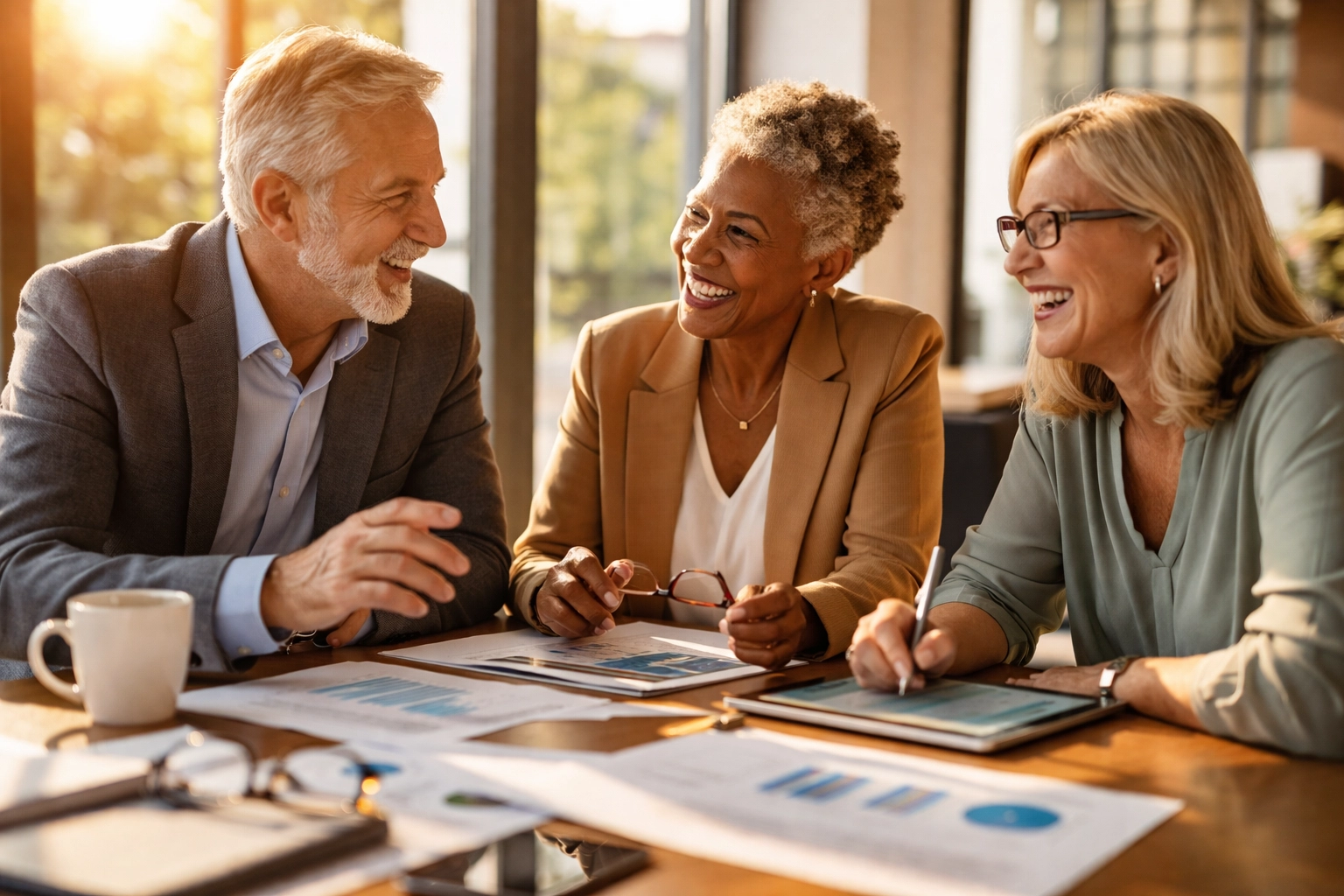 Three adults aged 60-63 have a focused financial planning discussion in a sunlit modern office.