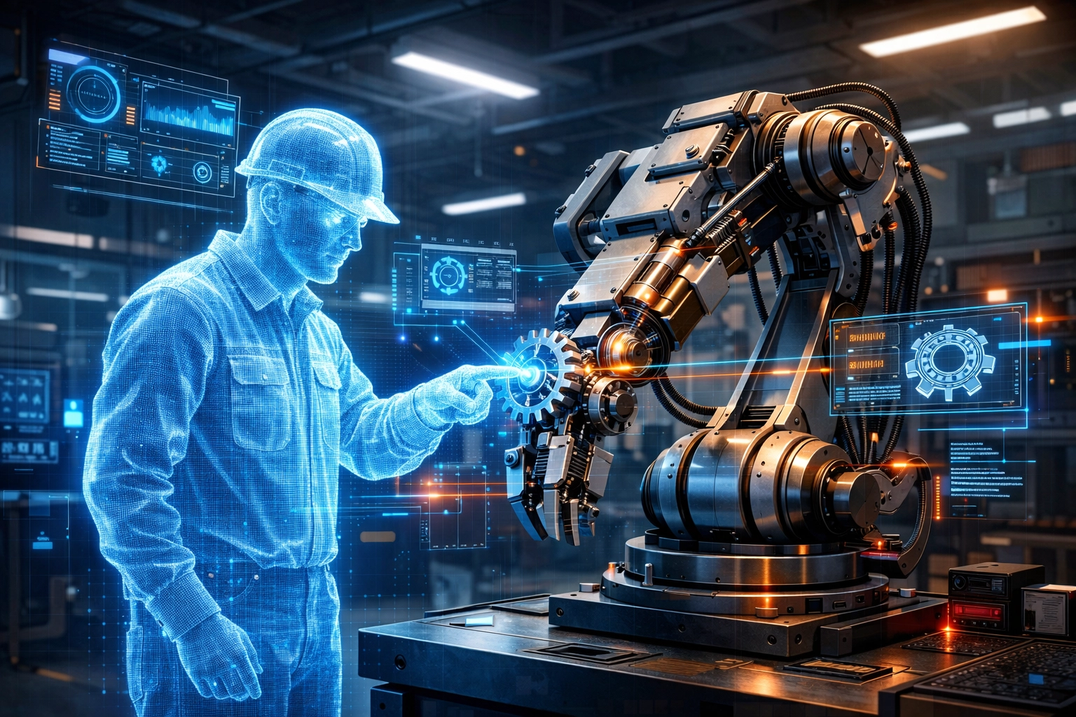 A holographic engineer using holoportation to collaborate on a physical robotic prototype in a remote factory.