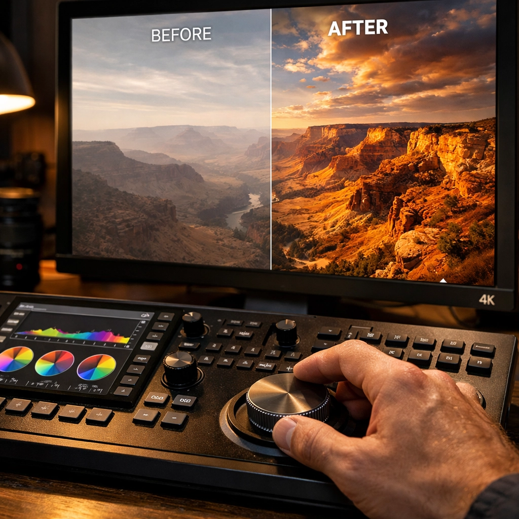 A photographer uses an editing console to enhance a landscape photo, showing how to edit like a pro.