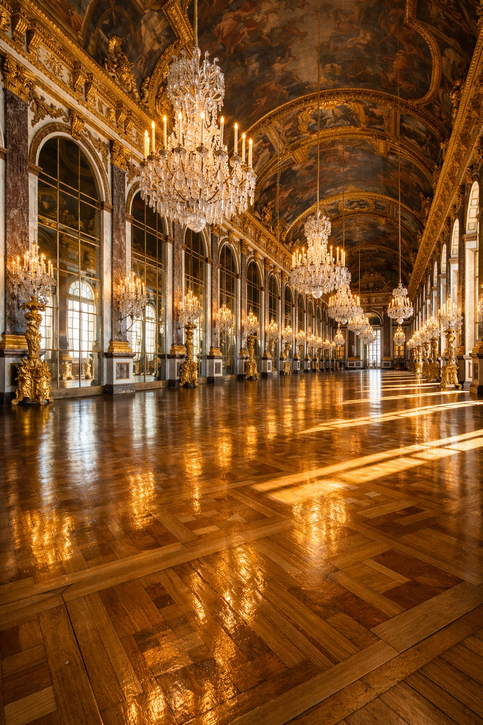 Wide-angle view of the empty Hall of Mirrors at Versailles, an iconic photo spot for interior architecture.