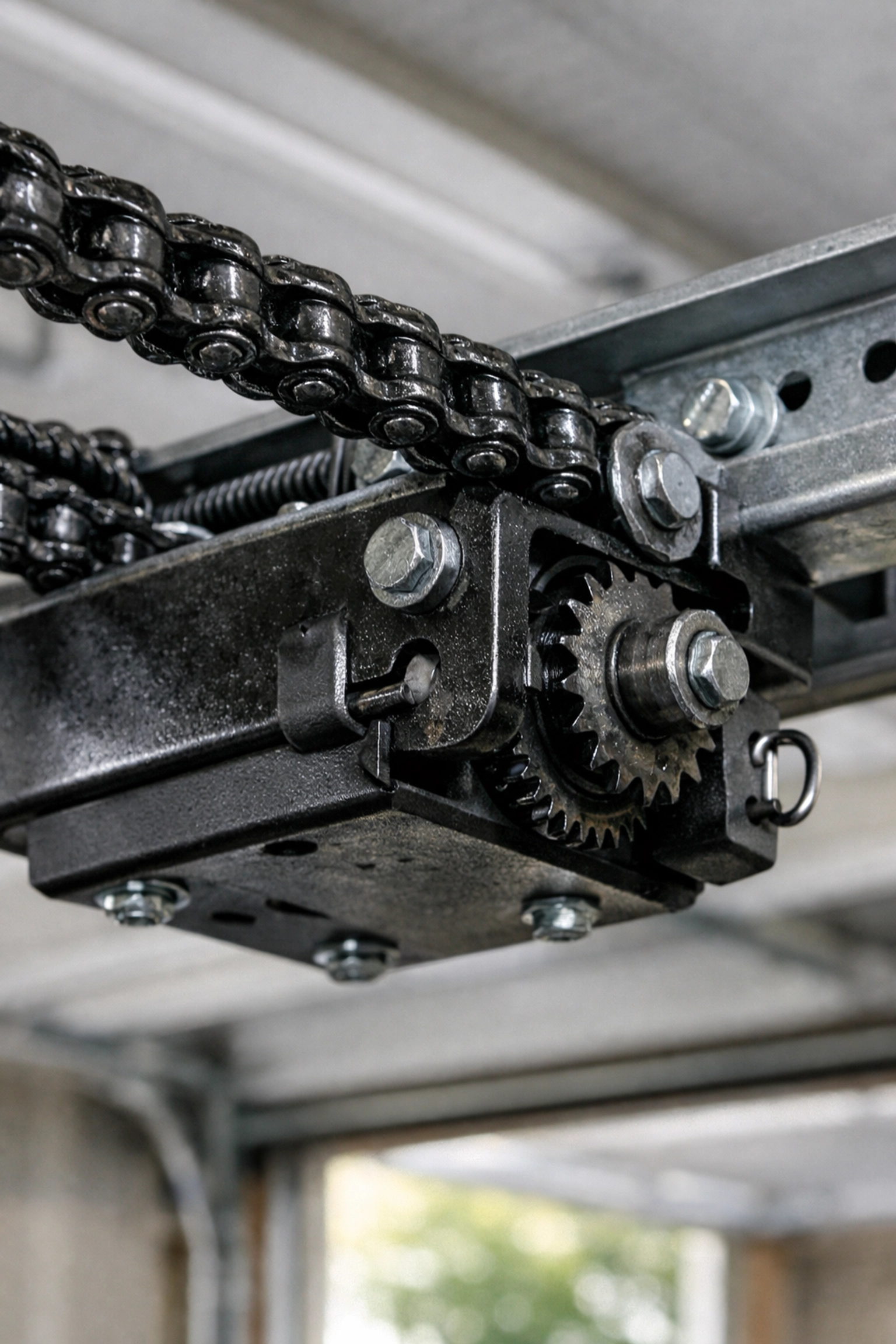 Close-up of a heavy-duty metal chain drive garage door opener showing lubricated links on a steel rail.