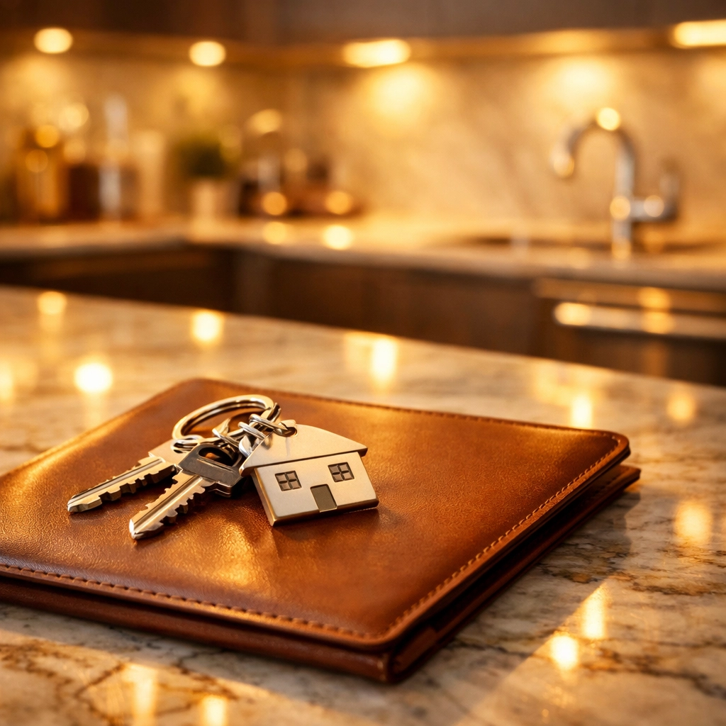 Modern house keys and legal building certificates on a luxury kitchen island for the project handover.