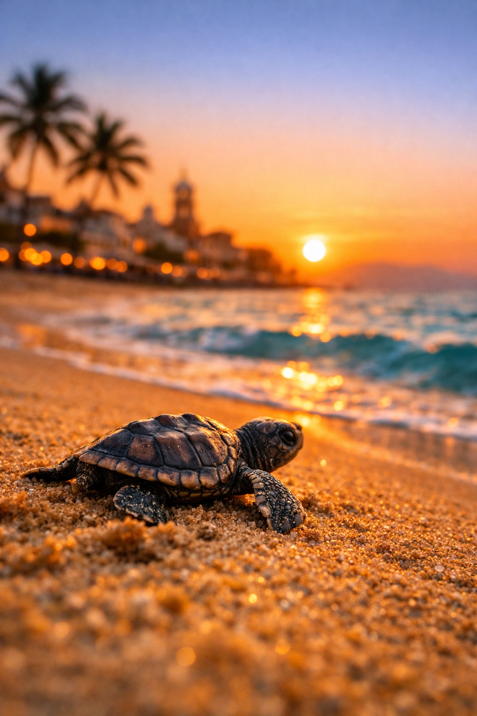 Baby sea turtle release on a beach in Puerto Vallarta near Old Town rental properties at sunset.