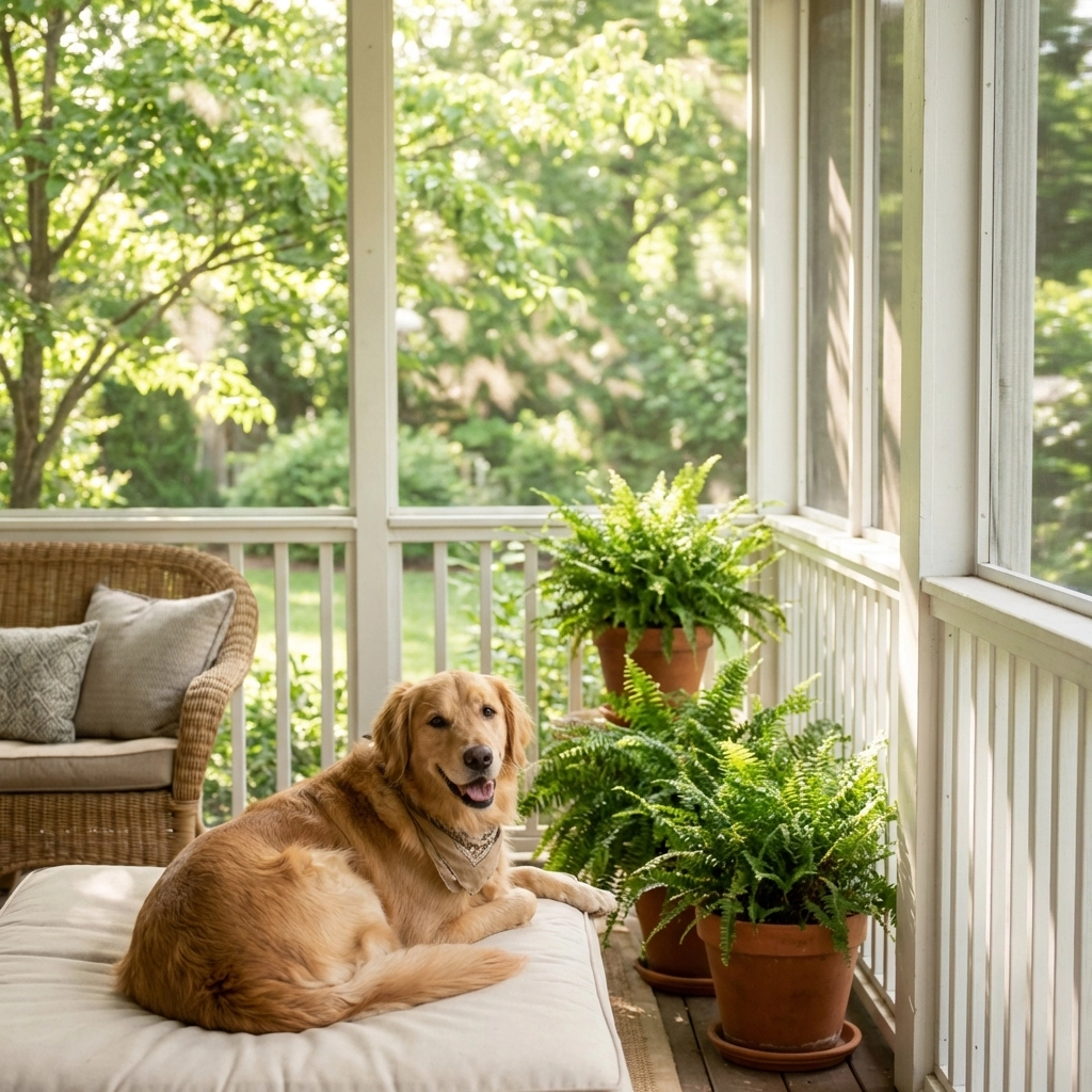 Golden retriever relaxing on a porch of a pet-friendly Southern cottage rental in Savannah, GA