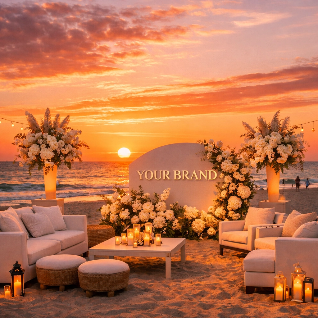 Stunning beach brand activation in Miami captured by an event photographer during sunset magic hour.