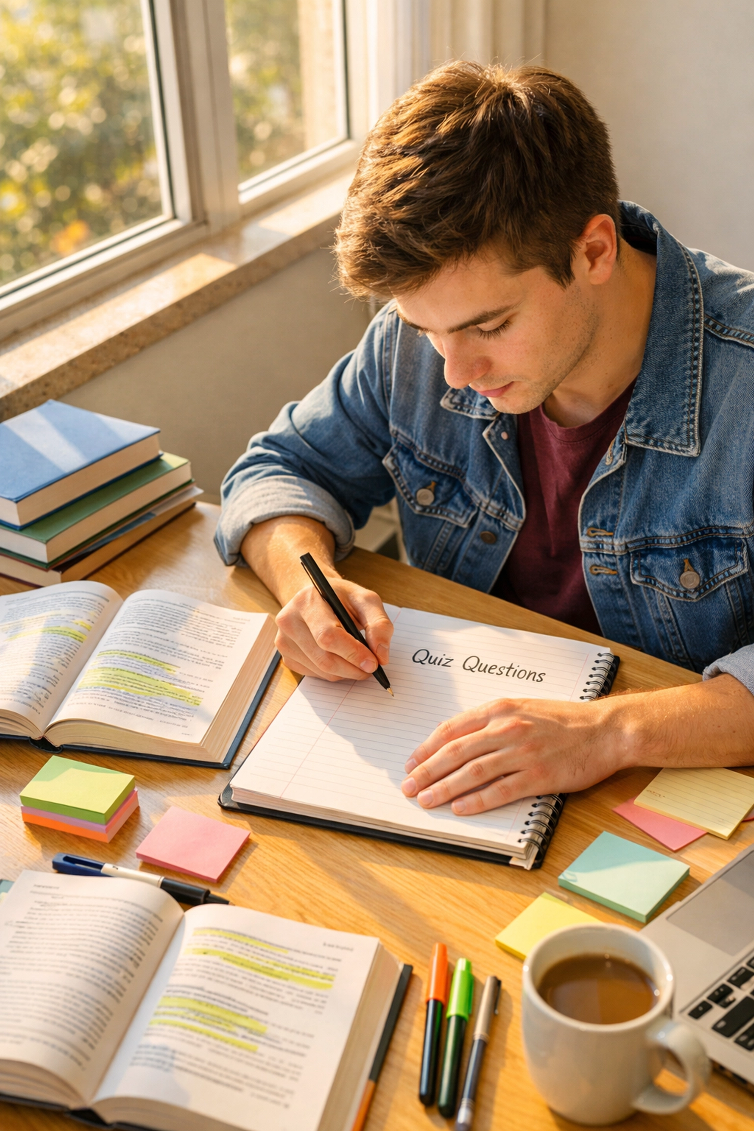 Student writing practice CLEP questions in notebook with study materials and textbooks on desk
