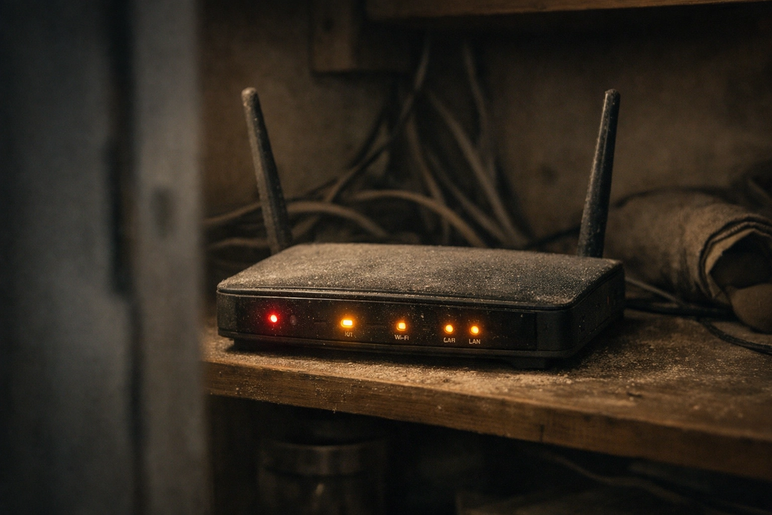 Dusty old Wi-Fi router with glowing indicator lights in a dim home closet, representing vulnerable outdated network equipment