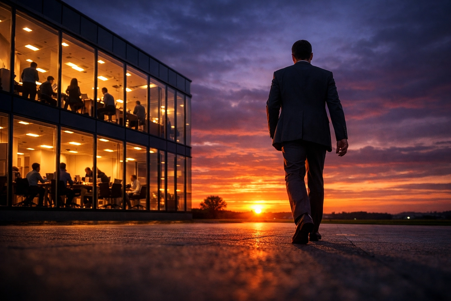 A professional walking away from a thriving office, symbolizing a successful exit from an independent business.