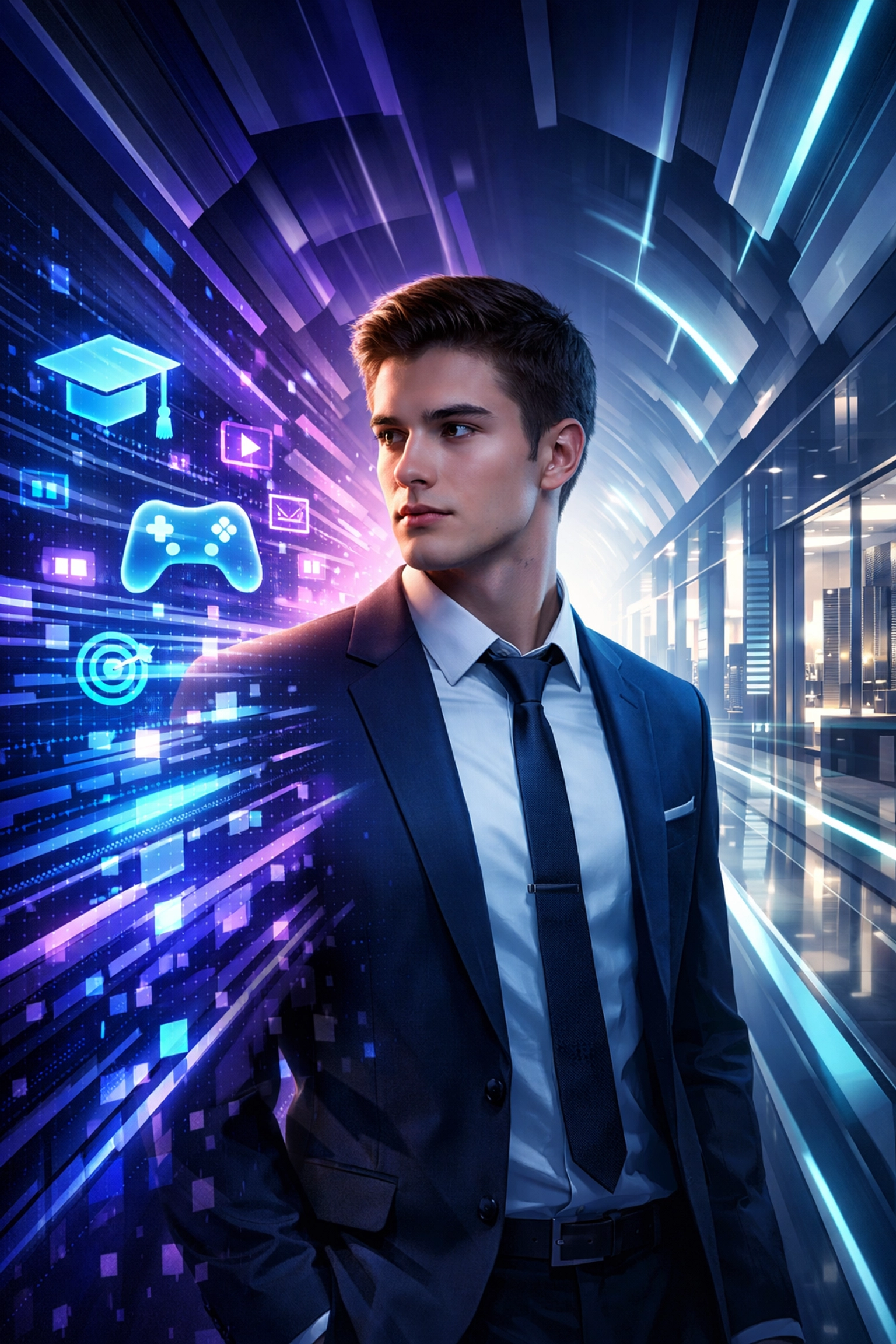 Professional Gen Z talent emerging from a high-tech esports recruitment funnel into a corporate career.