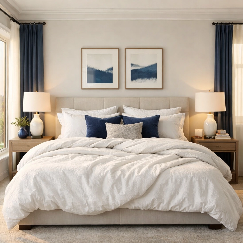 Crisp white bed linens and pillows in a bright, modern master bedroom.