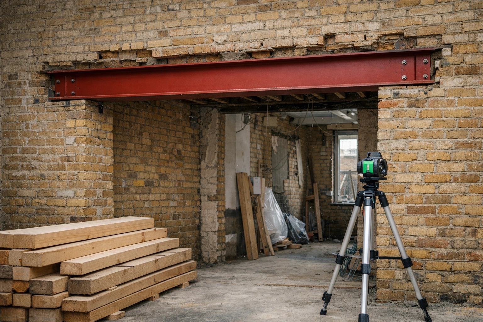 Structural steel beam installation in a Victorian house extension by experienced East London builders.