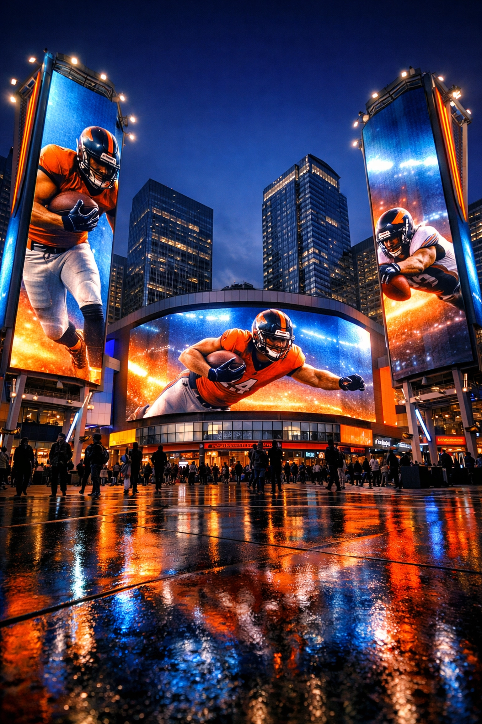 Dynamic Sporttron digital displays featuring high-performance athlete branding in a bustling city district.