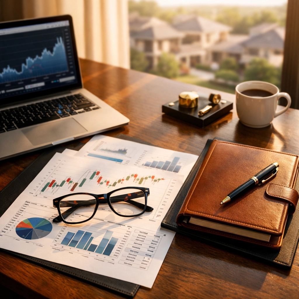 Sophisticated home office with financial charts, showcasing tax-efficient mortgage planning for business owners.