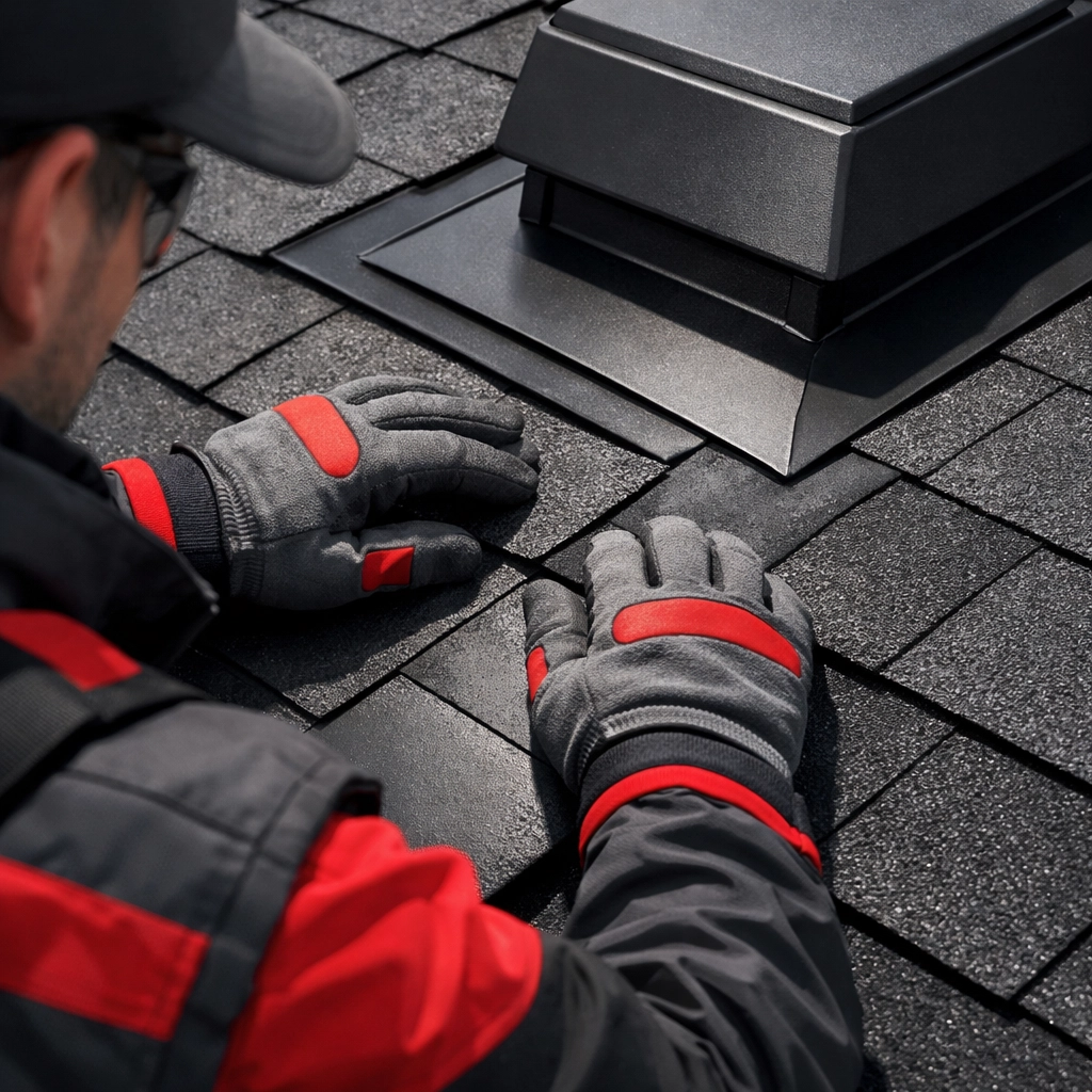 Professional roof inspection in Salisbury, MD, checking shingles and ventilation seams for damage.