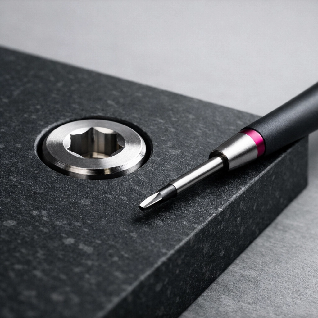 Close-up of stainless steel hardware on a recycled plastic furniture board showing routine maintenance.