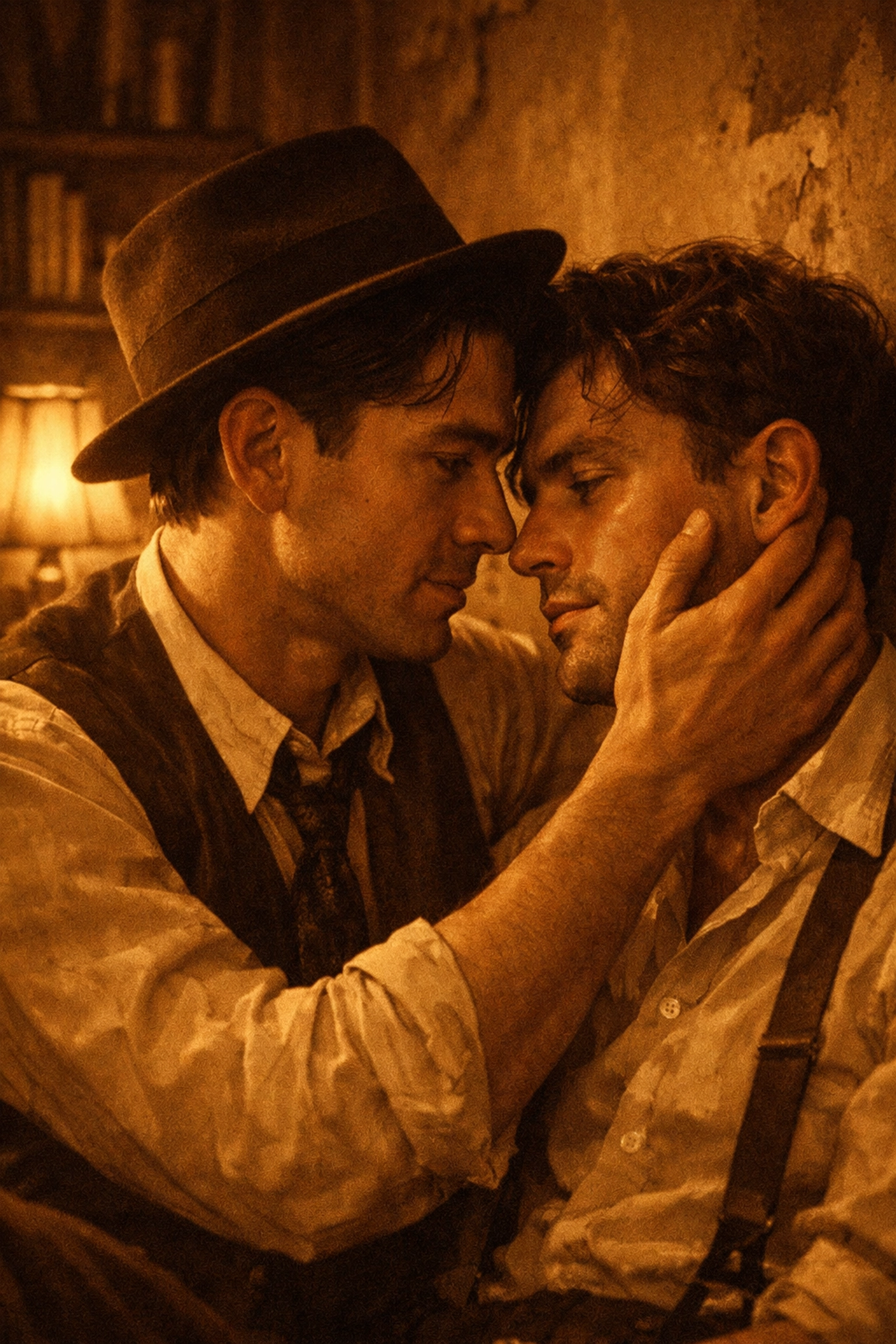 Gay couple sharing tender moment in 1920s Berlin apartment, Weimar romance