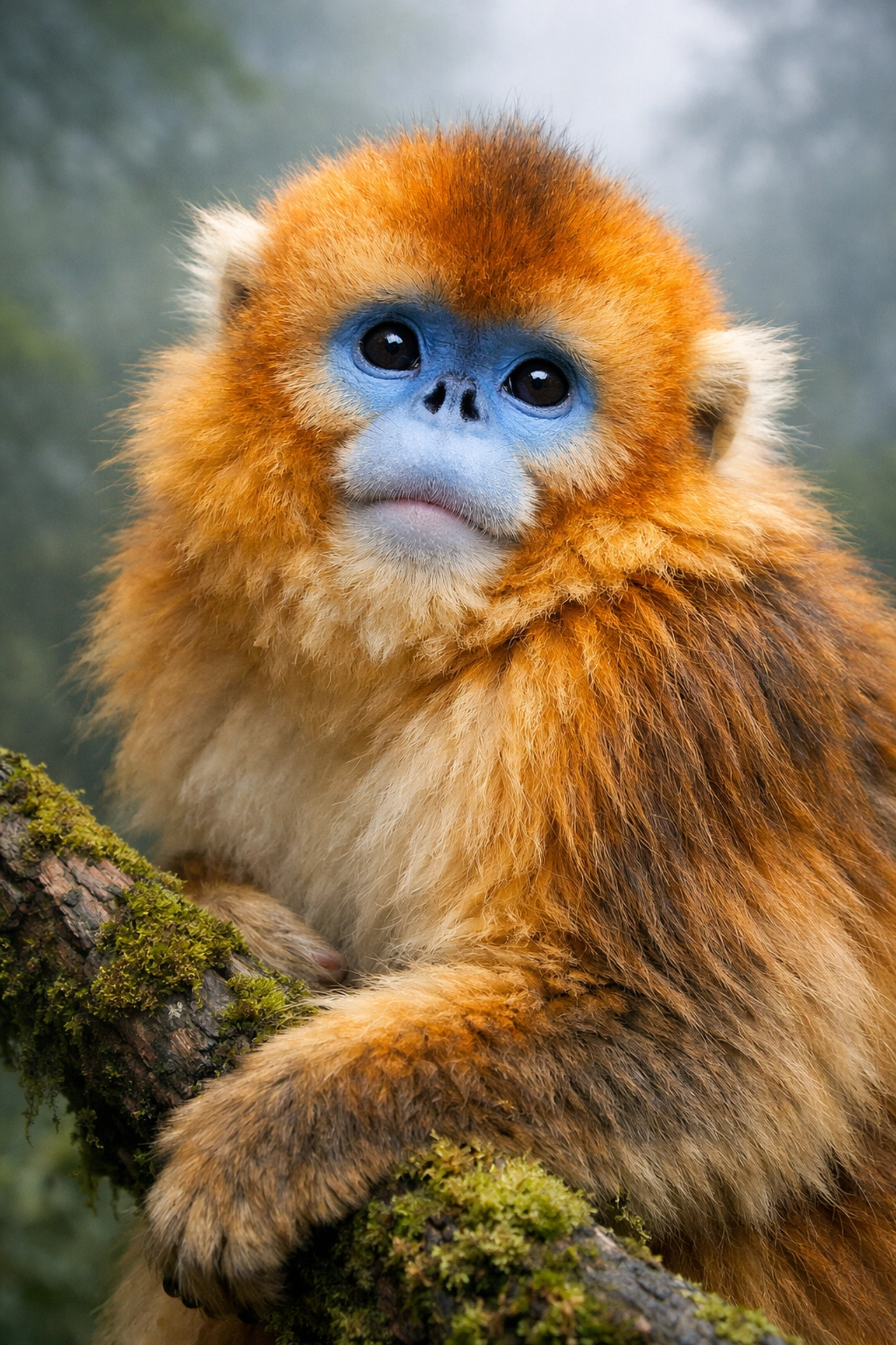 Rare Qinling golden snub-nosed monkey with vibrant fur in a misty mountain forest habitat.