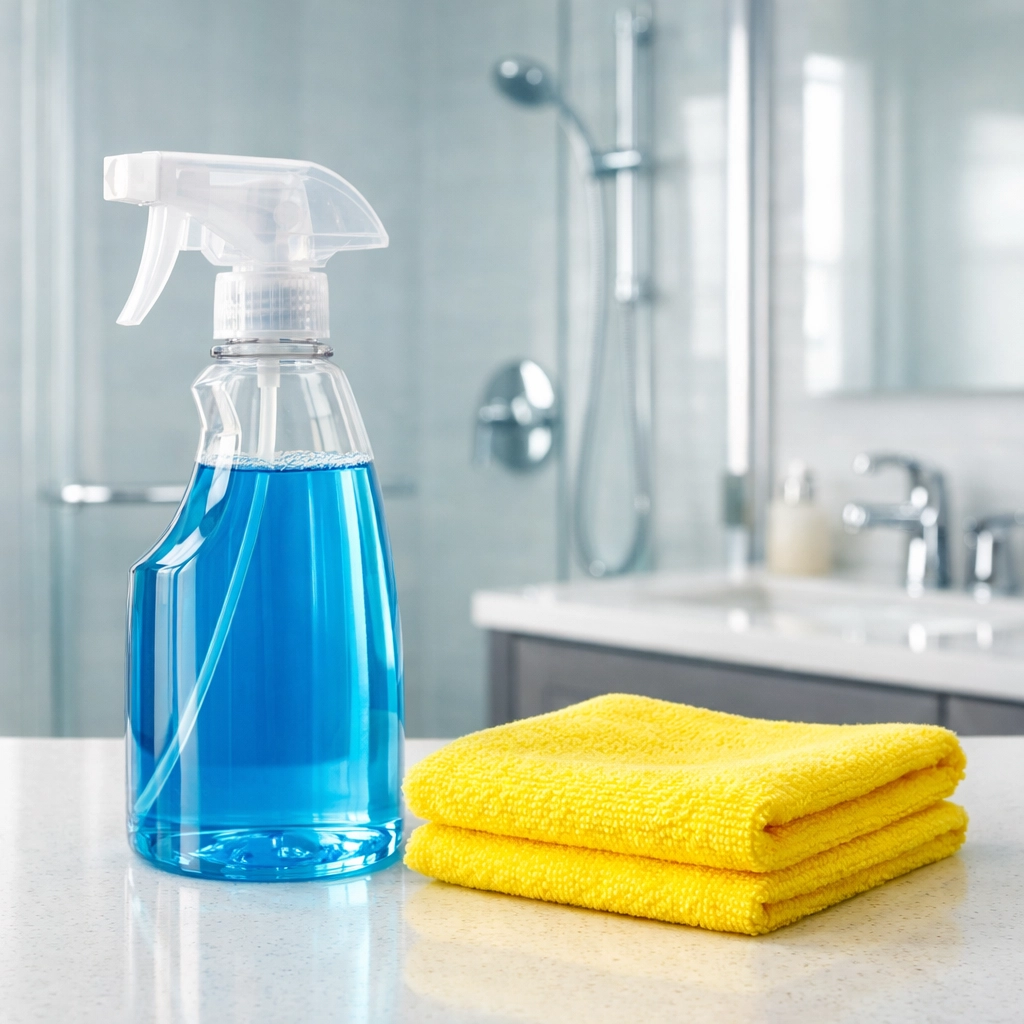 Eco-friendly supplies on a clean bathroom vanity showing the value included in house cleaning cost in Massachusetts.