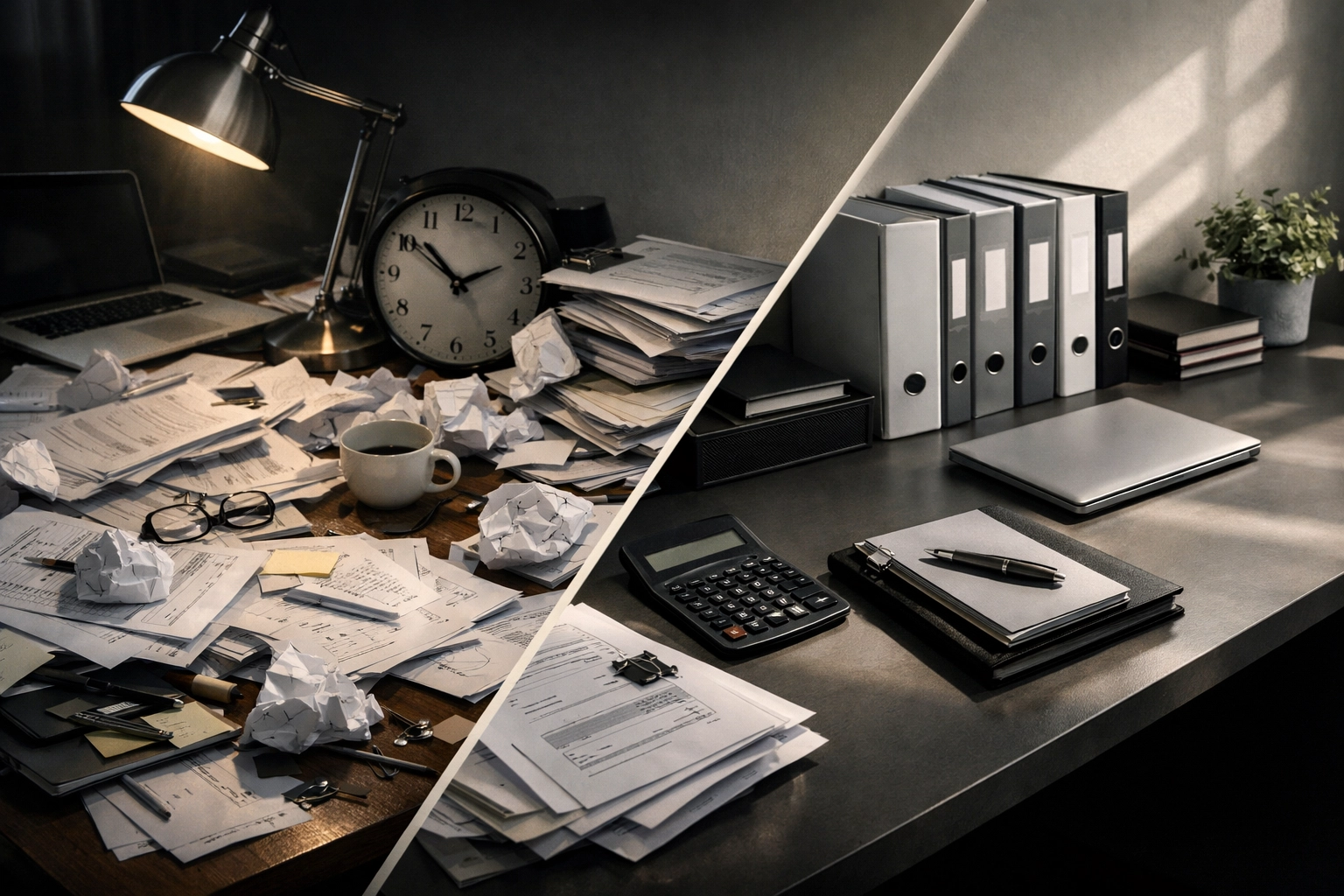 Comparison of organized versus disorganized business paperwork affecting loan approval success