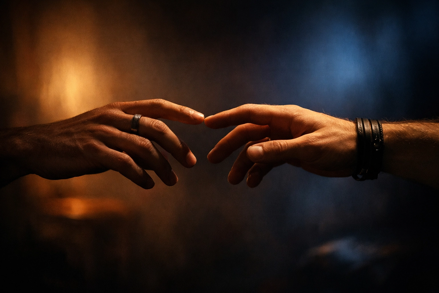 Two men's hands nearly touching symbolizing magnetic attraction in MM romance enemies to lovers story