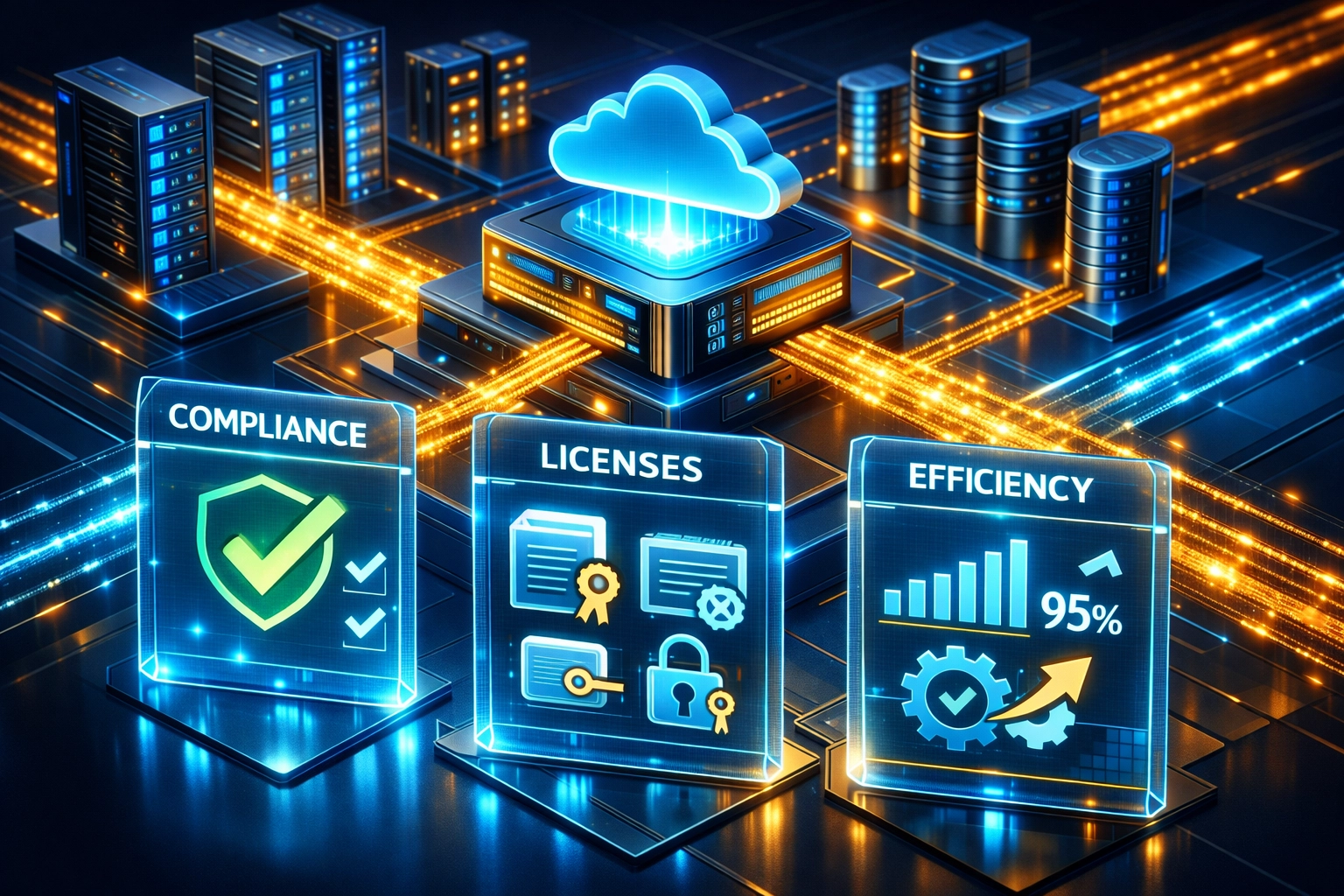 ITOM infrastructure with compliance checkmarks and efficiency metrics visualization