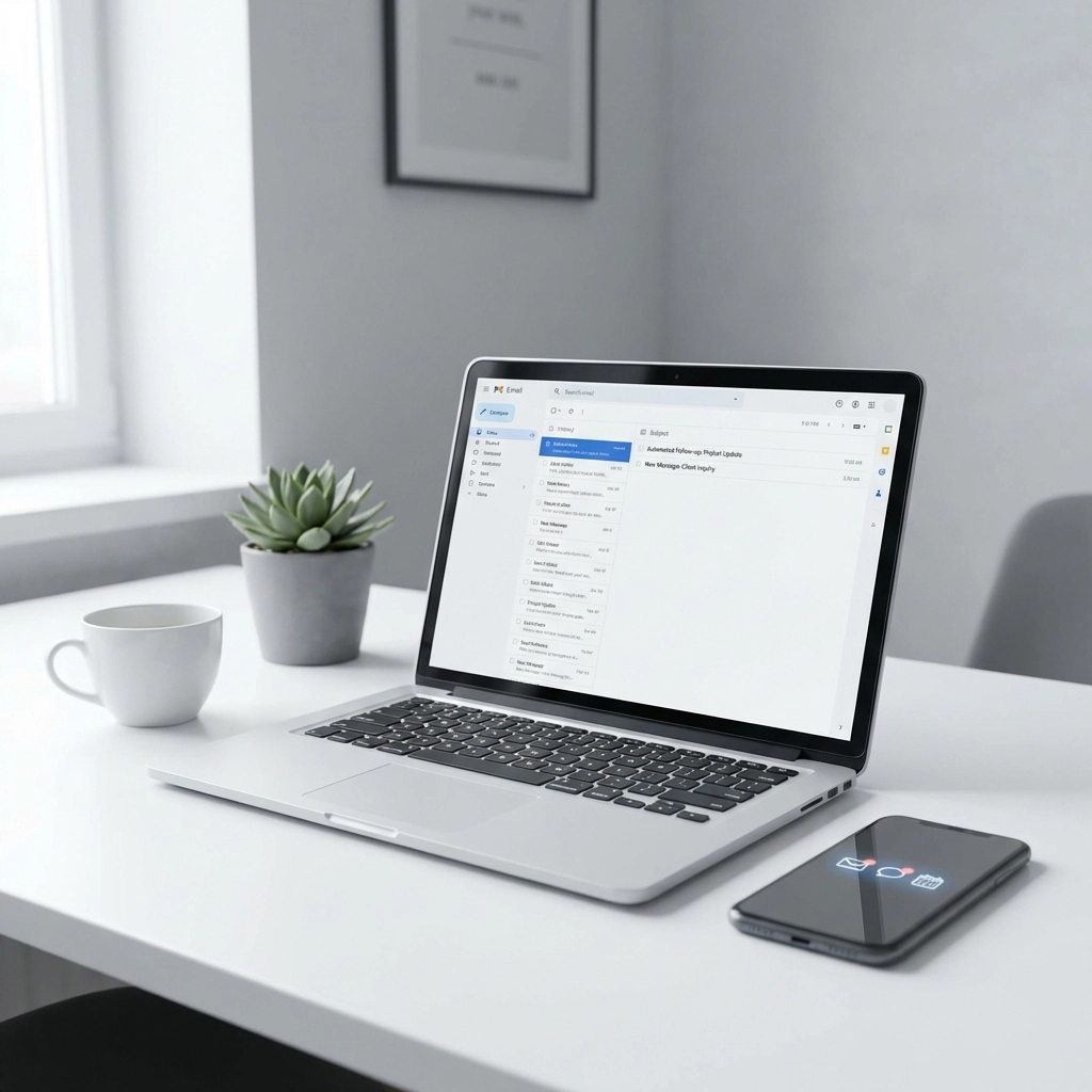 Laptop and smartphone on desk with email notifications representing automated communication for tax professionals