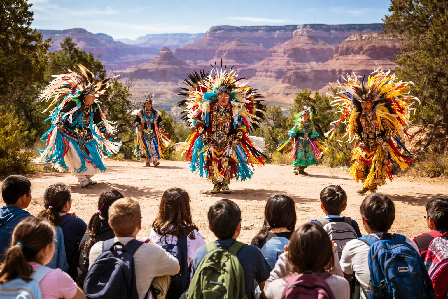 Students watch a Native American dance performance at the Grand Canyon, experiencing local cultural heritage.
