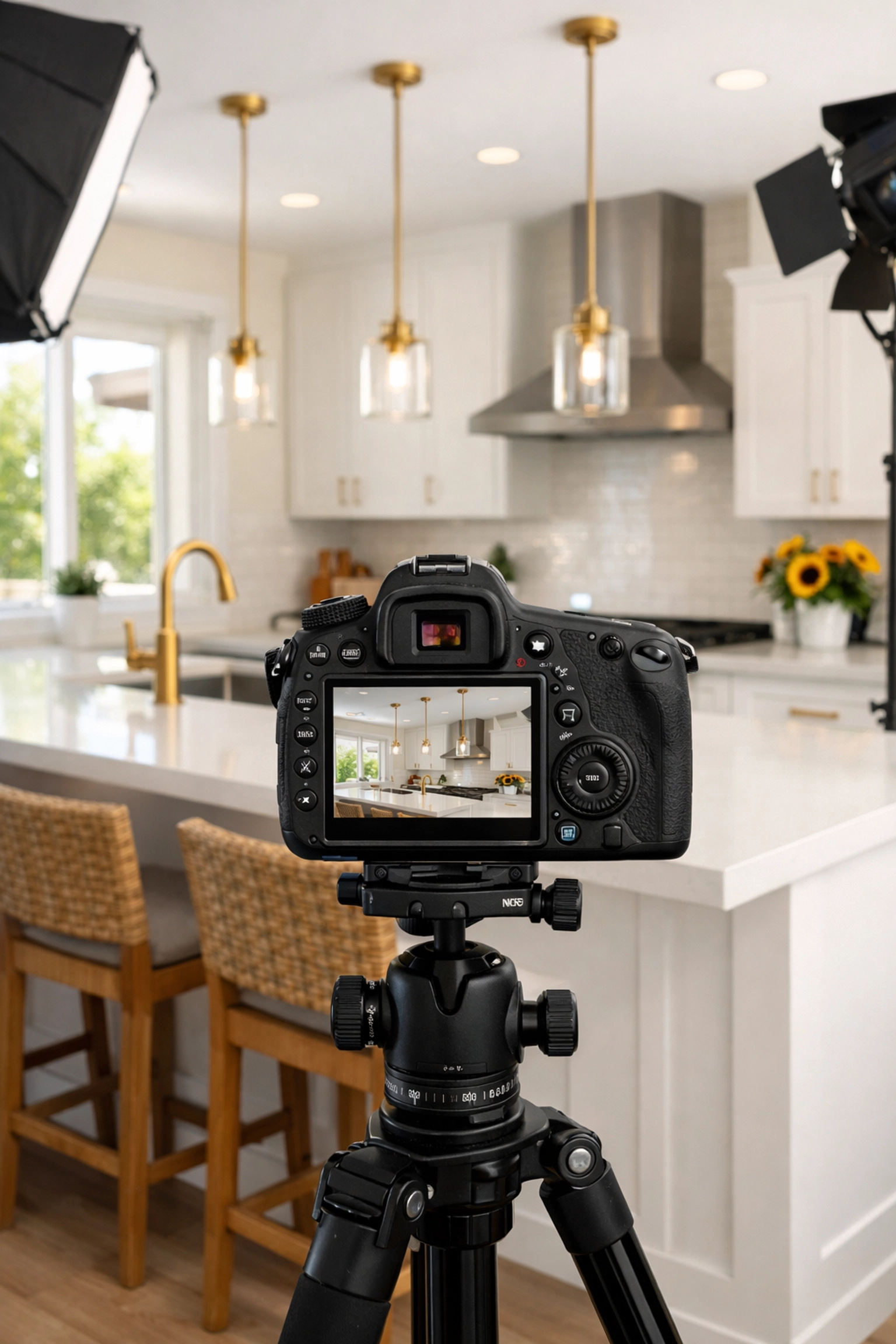 Professional real estate photography setup in a bright, modern Phoenix kitchen.
