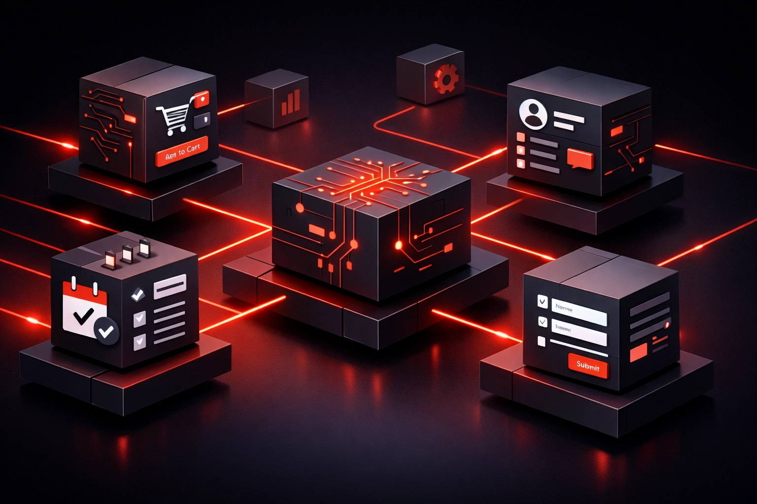 Custom website functionality blocks showing CRM integration and booking systems