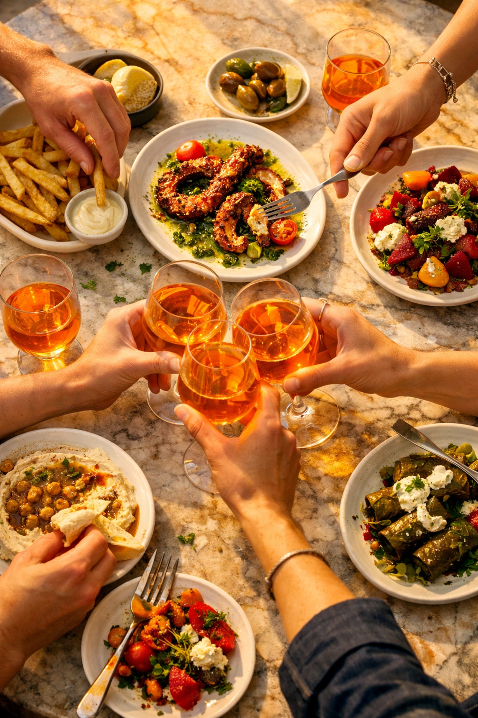Table of Mediterranean small plates and wine representing Bacari Group's menu engineering strategy.