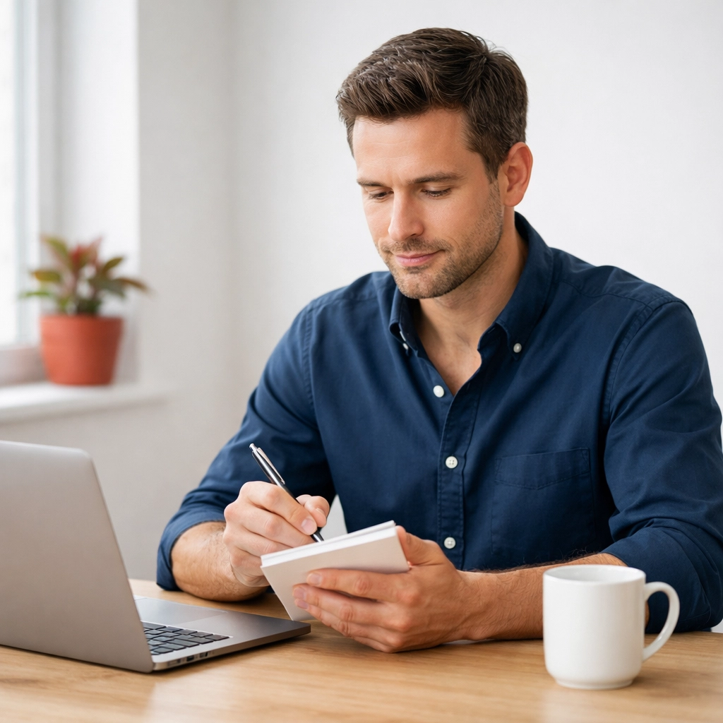 A professional man planning his credit improvement strategy in a clean, modern home office.