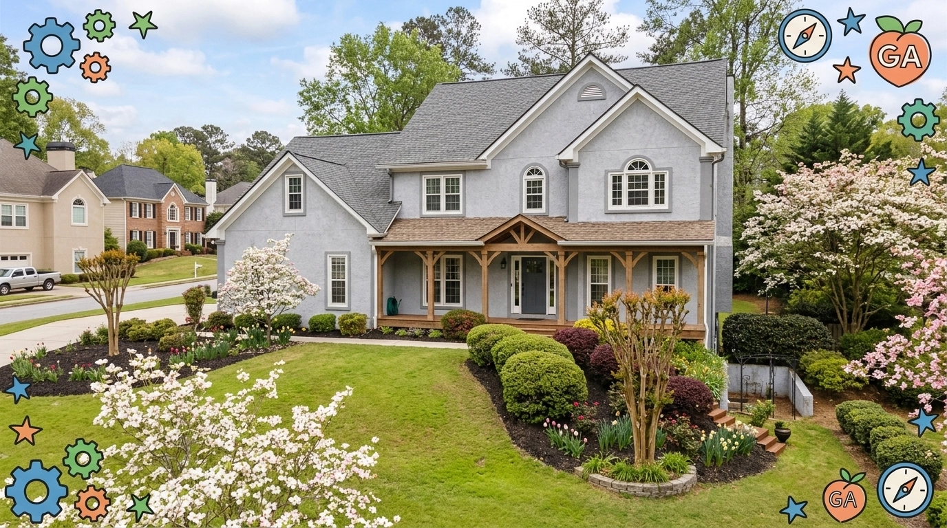 A traditional craftsman-style home in West Marietta, Georgia, featuring a welcoming front porch, manicured lawn, and spring dogwood trees, with playful hand-drawn frame accents.