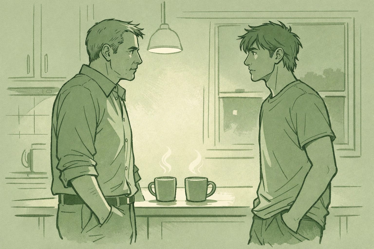 Step-father and step-son sharing tense moment in kitchen - MM romance tension
