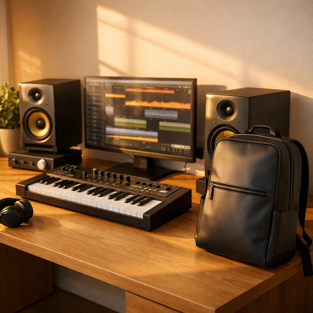 Modern DIY home music studio setup featuring a MIDI keyboard and a minimalist backpack for high-end gear protection.